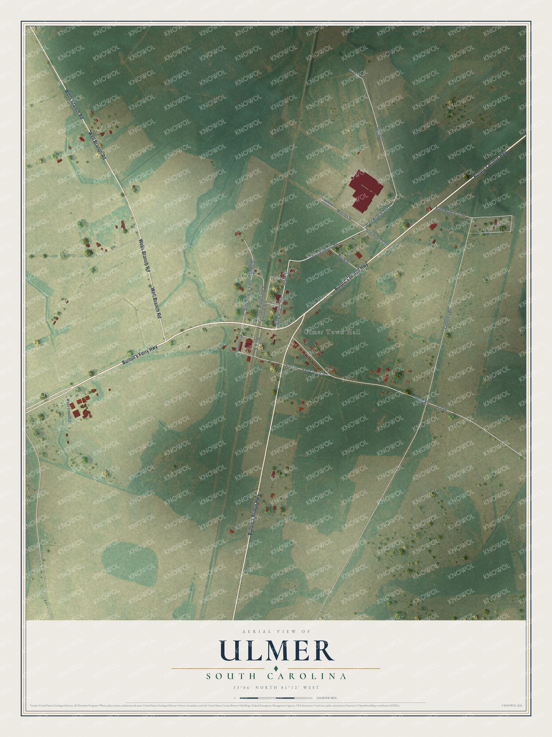 Full map of Ulmer, South Carolina, with red buildings, printed street names and the land around them