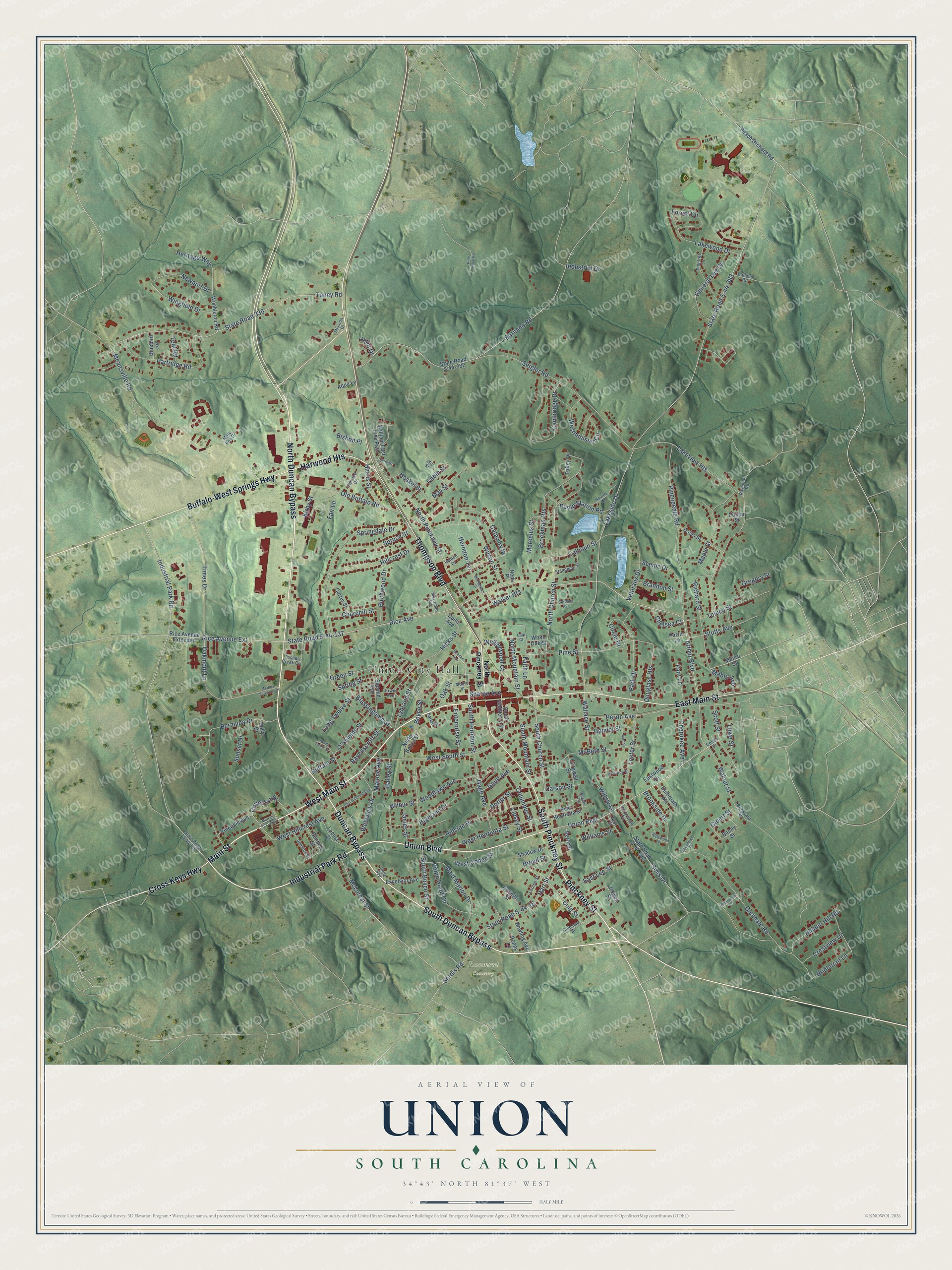 Full map of Union, South Carolina, with red buildings, printed street names and the land around them