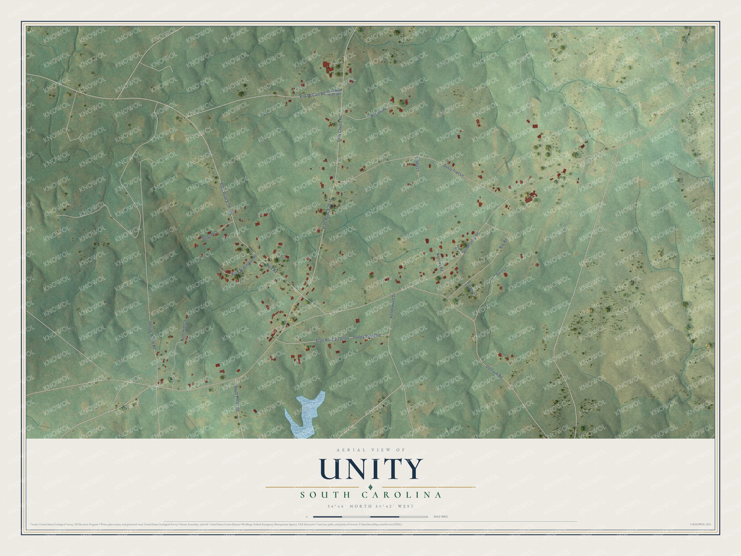 Full map of Unity, South Carolina, with red buildings, printed street names and the land around them