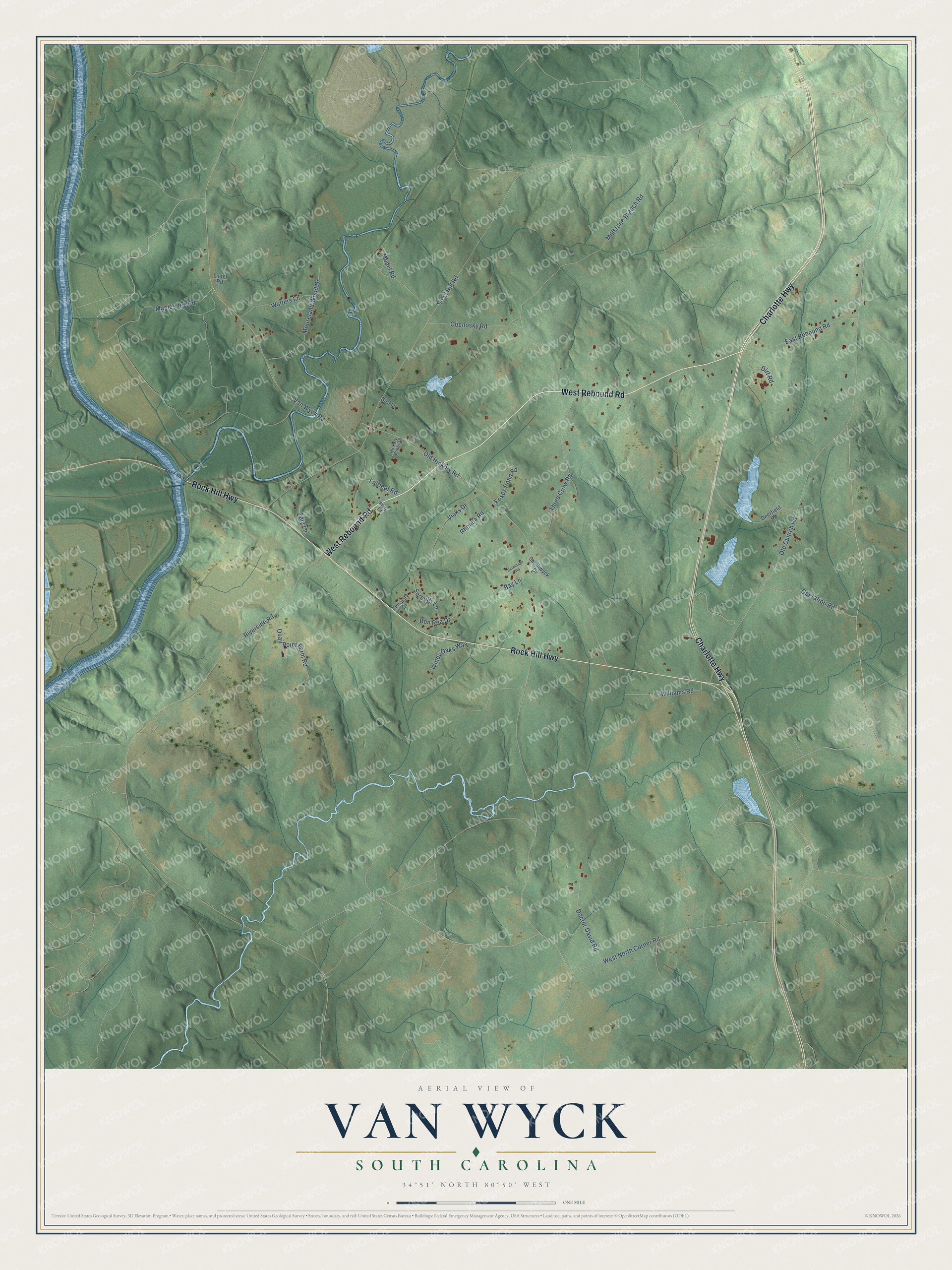 Full map of Van Wyck, South Carolina, with red buildings, printed street names and the land around them