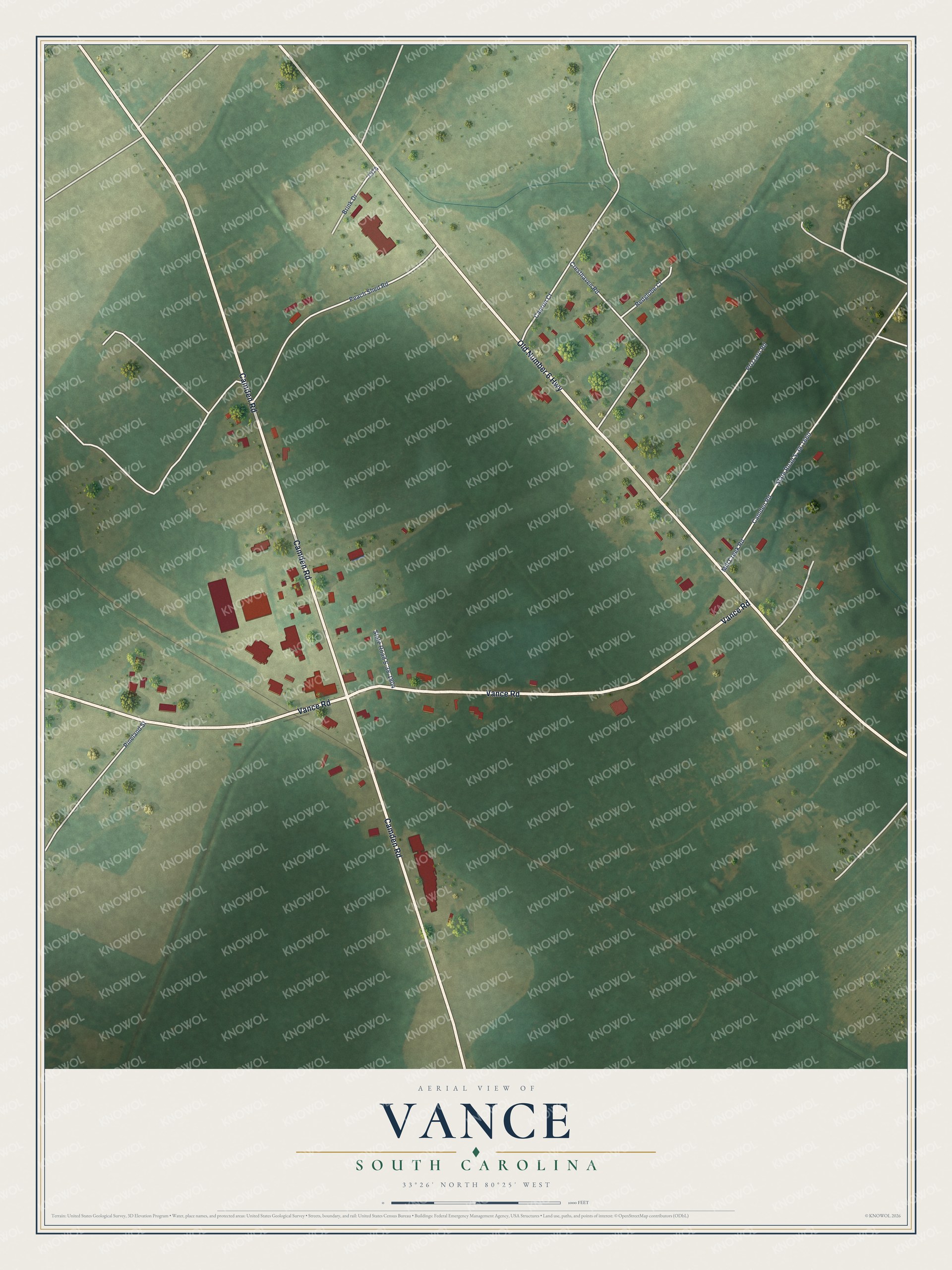 Full map of Vance, South Carolina, with red buildings, printed street names and the land around them