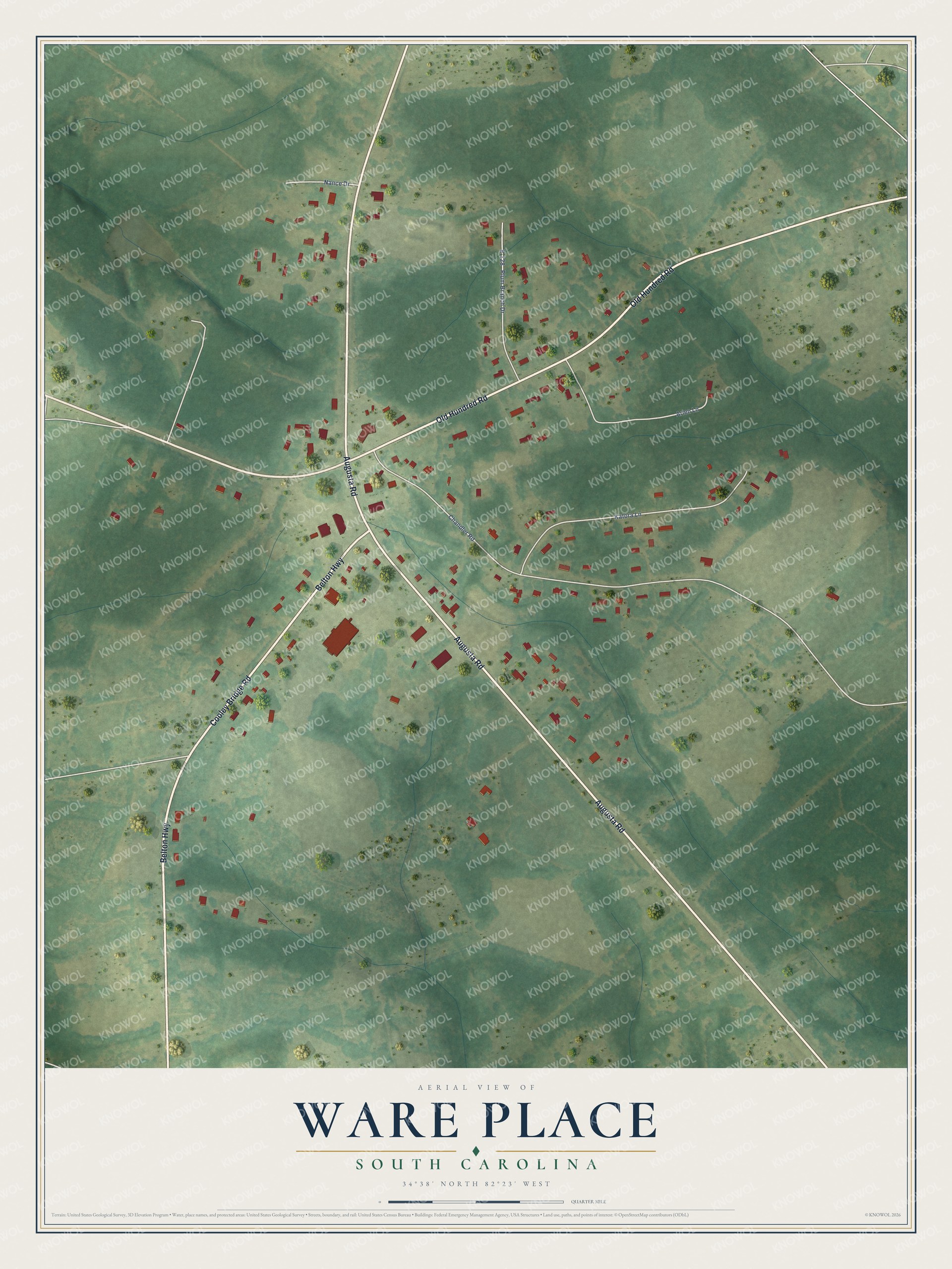 Full map of Ware Place, South Carolina, with red buildings, printed street names and the land around them