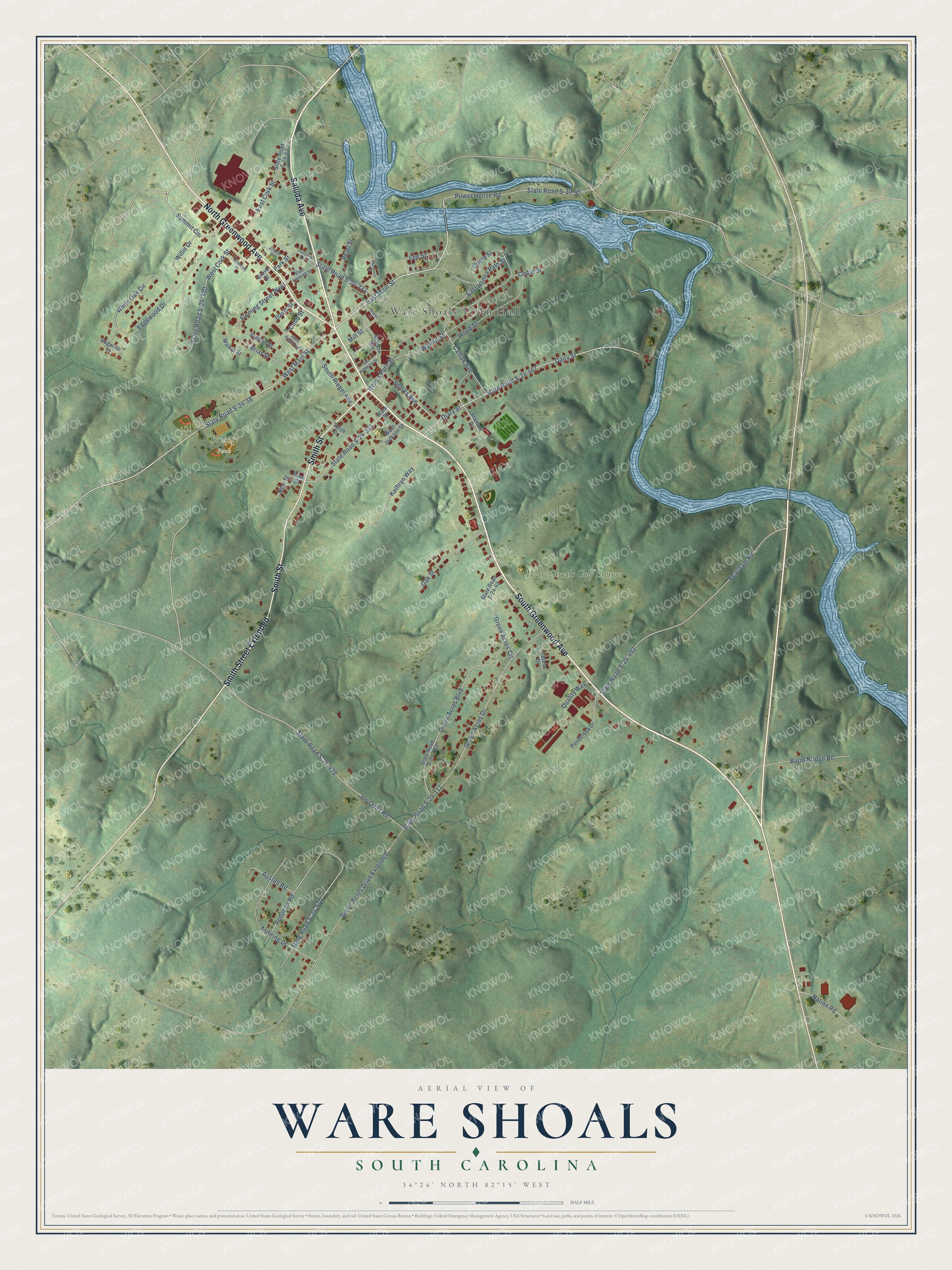 Full map of Ware Shoals, South Carolina, with red buildings, printed street names and the land around them