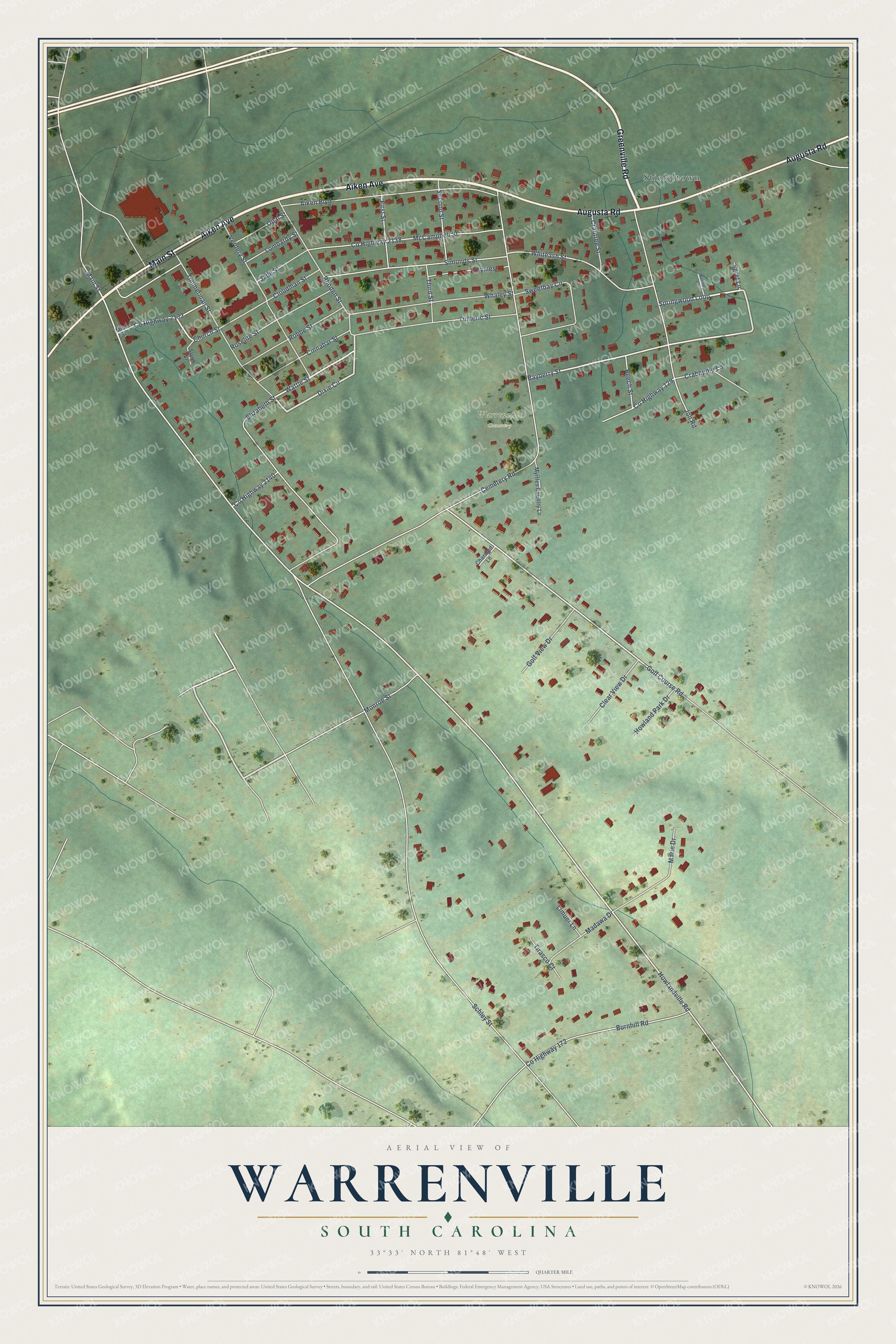 Full map of Warrenville, South Carolina, with red buildings, printed street names and the land around them