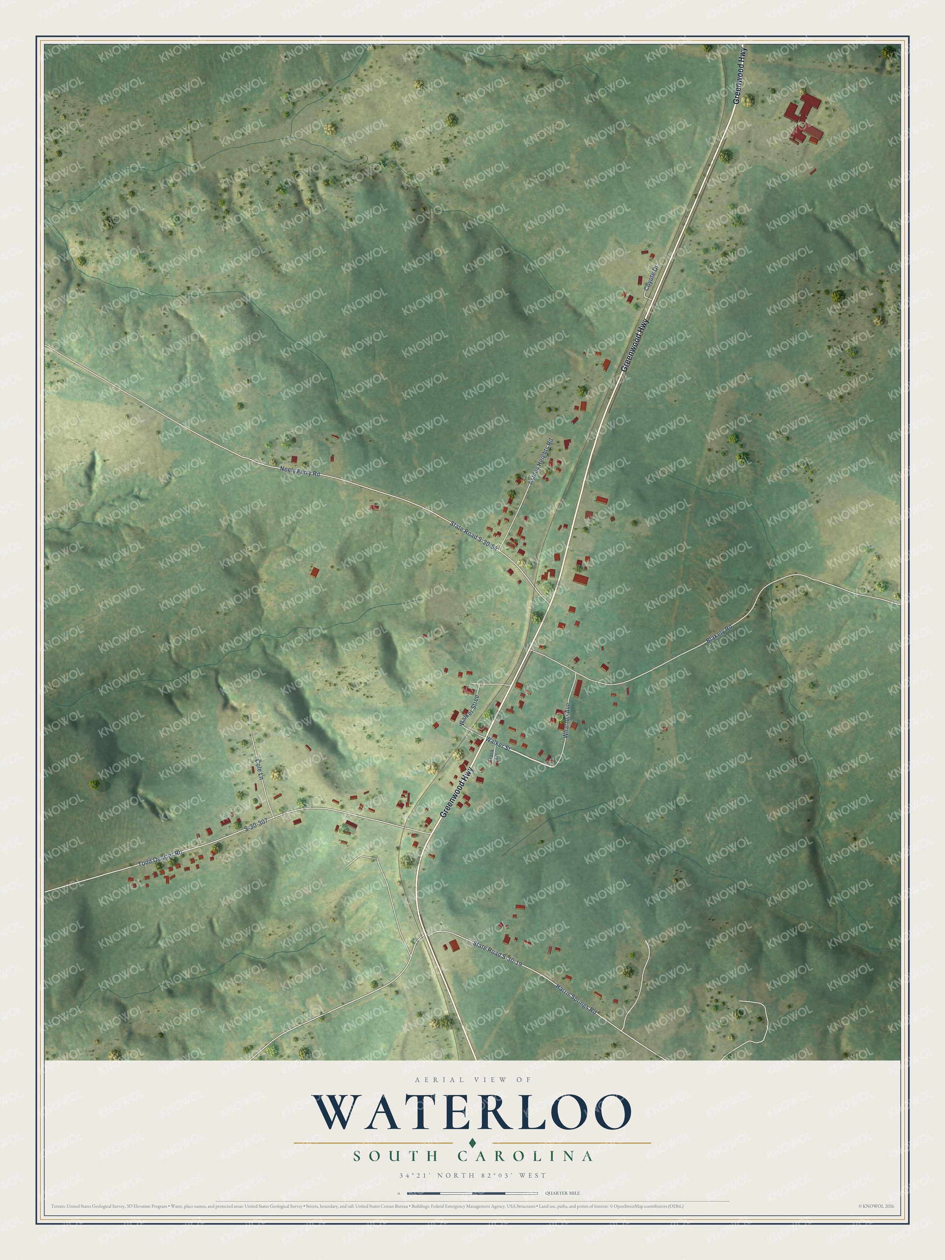 Full map of Waterloo, South Carolina, with red buildings, printed street names and the land around them