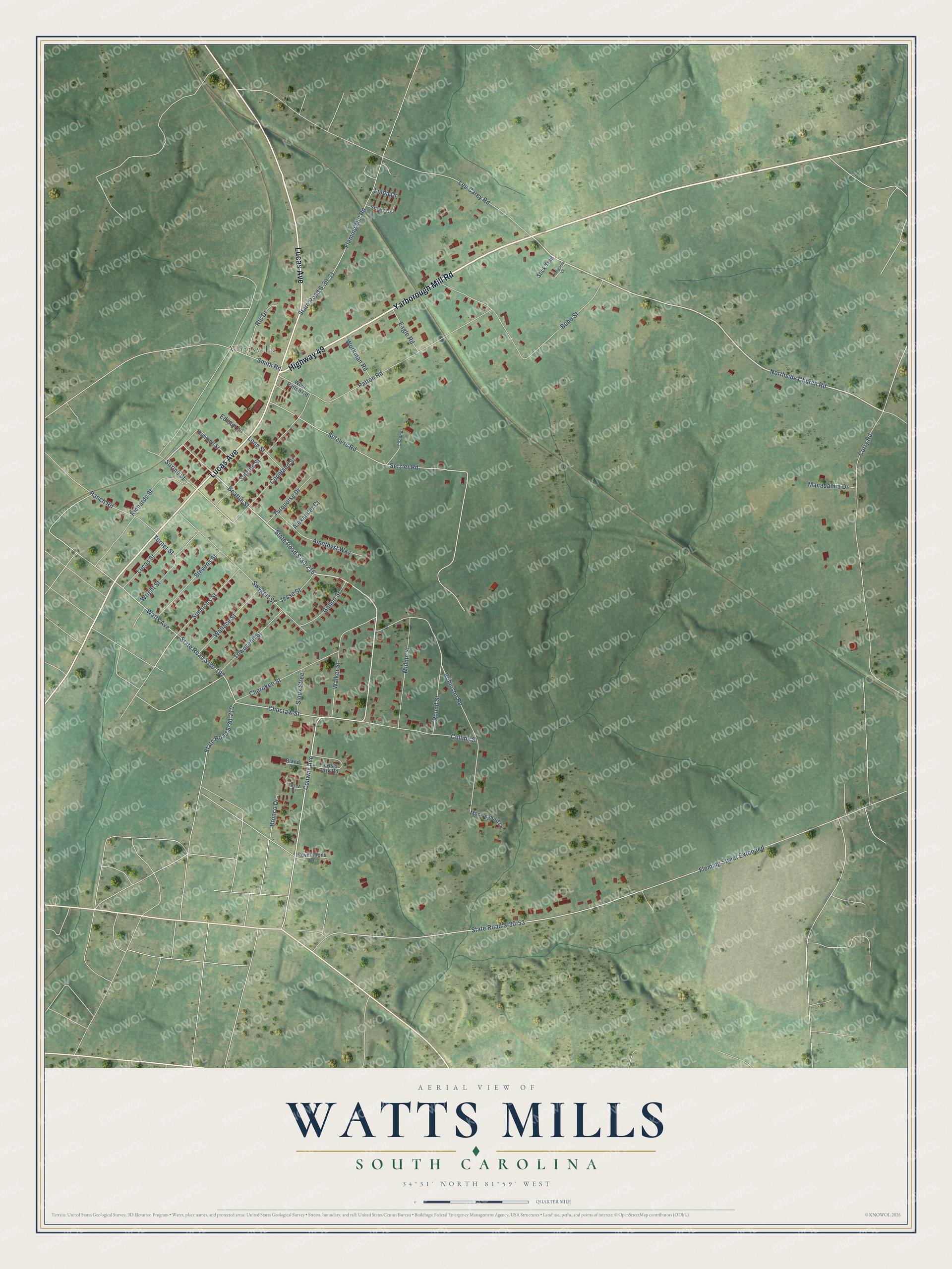 Full map of Watts Mills, South Carolina, with red buildings, printed street names and the land around them