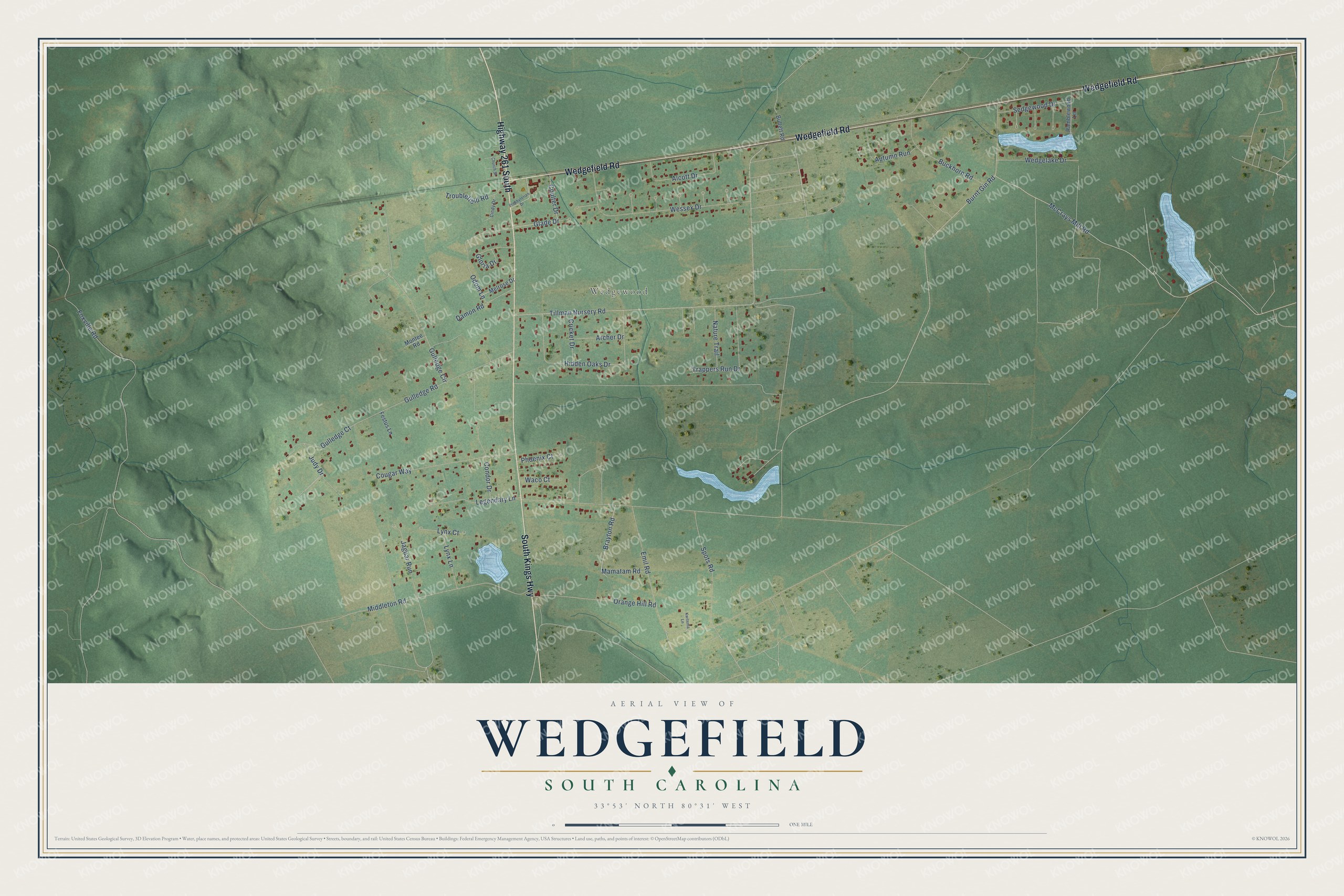 Full map of Wedgefield, South Carolina, with red buildings, printed street names and the land around them