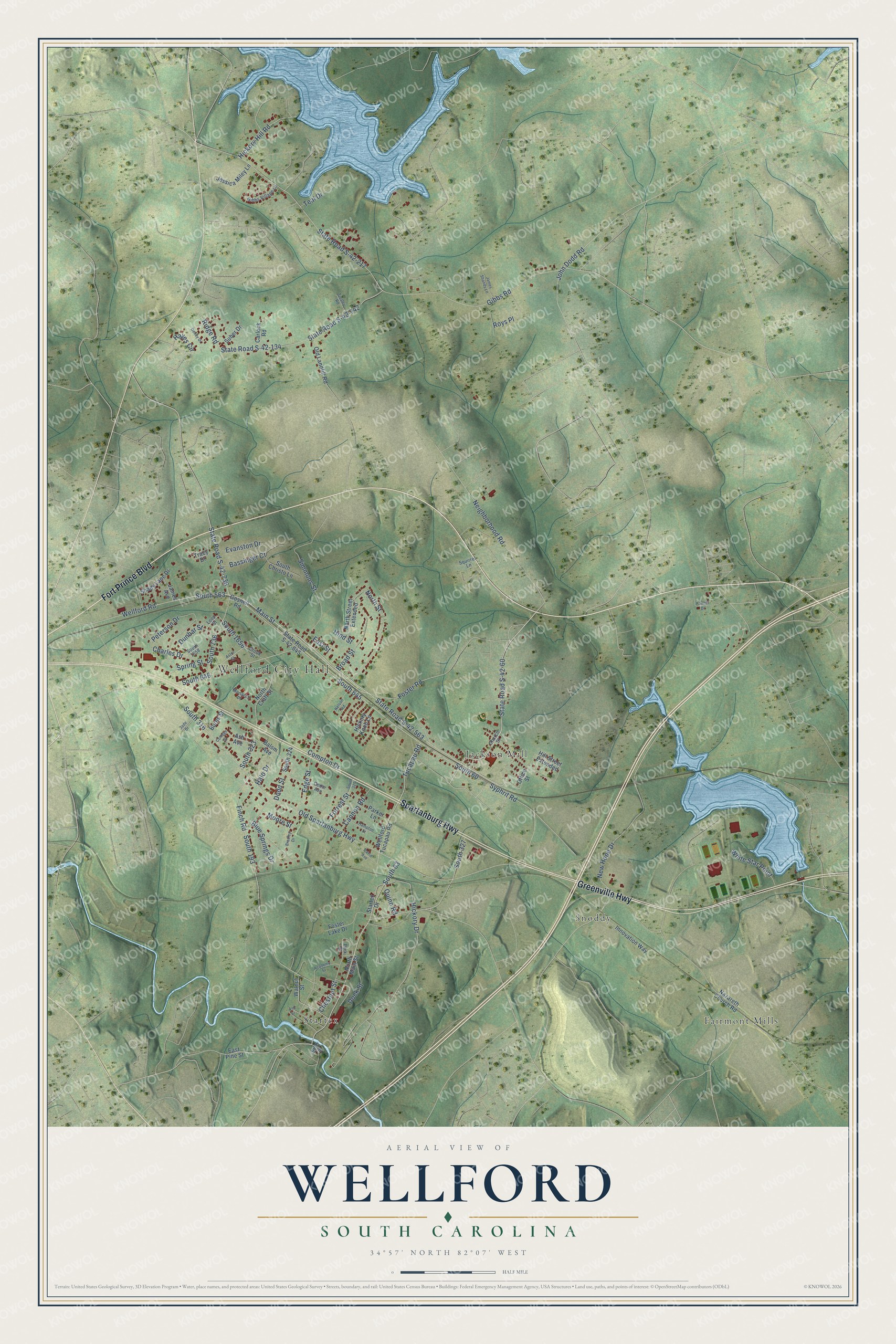 Full map of Wellford, South Carolina, with red buildings, printed street names and the land around them