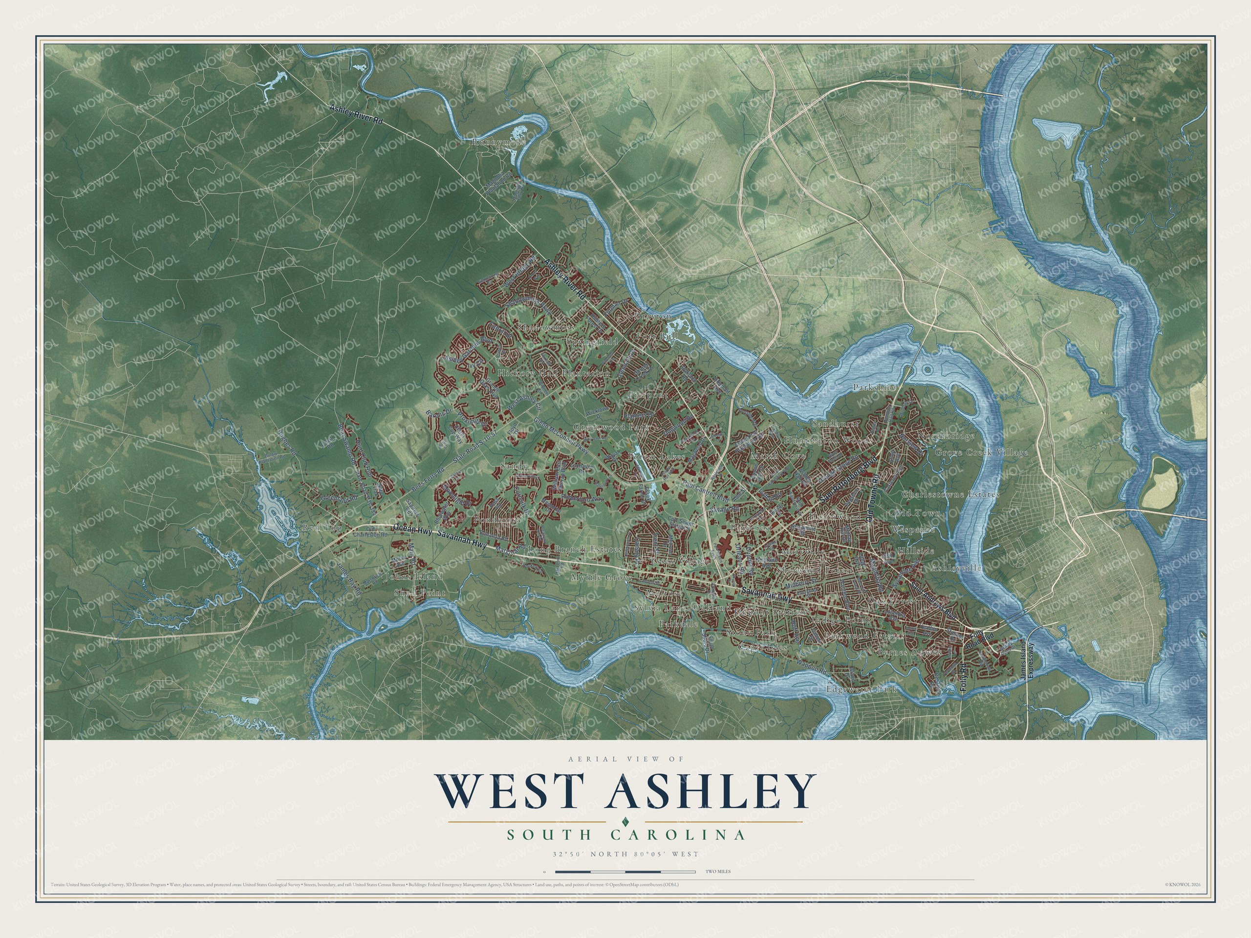 Watermarked full-map preview of West Ashley, South Carolina