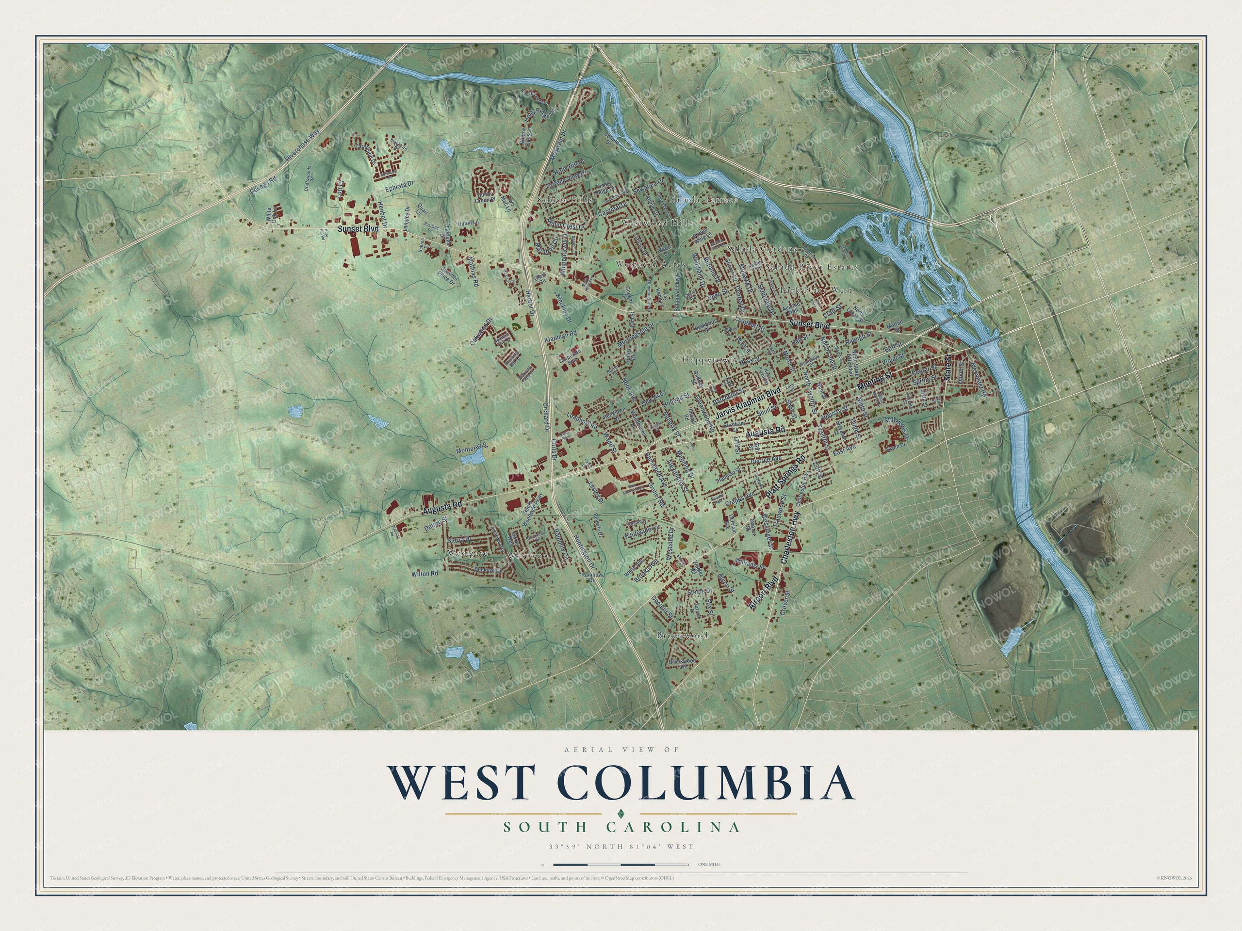 Full map of West Columbia, South Carolina, with red buildings, printed street names and the land around them
