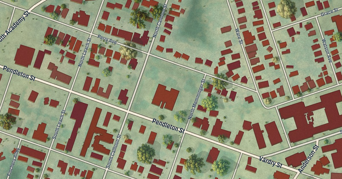 Close-up of streets and buildings in West End, South Carolina