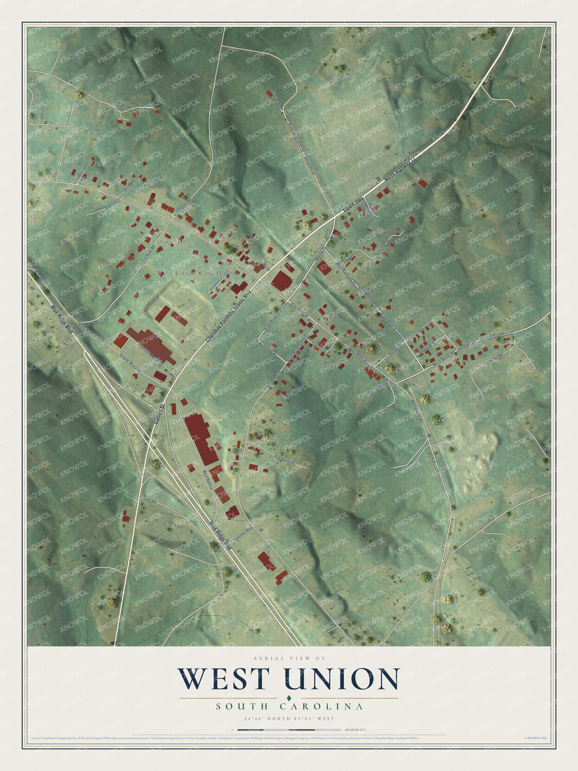 Full map of West Union, South Carolina, with red buildings, printed street names and the land around them