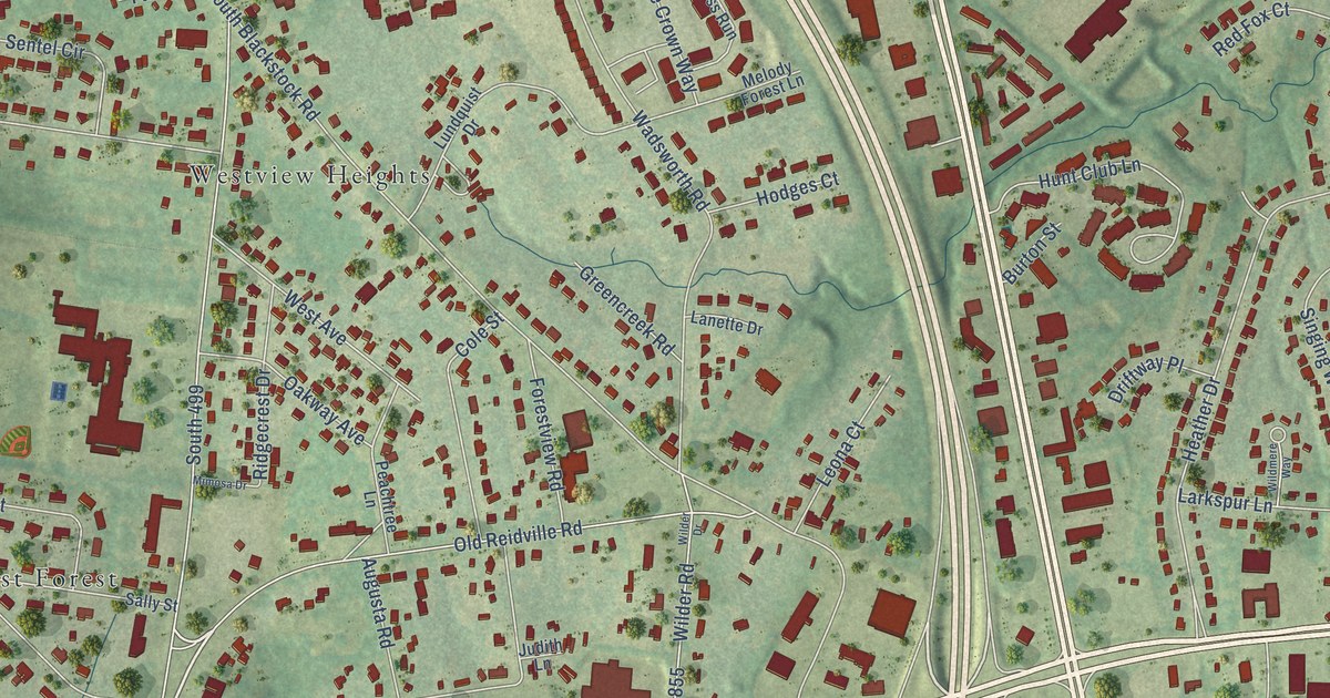 Close-up of streets and buildings in West View, South Carolina