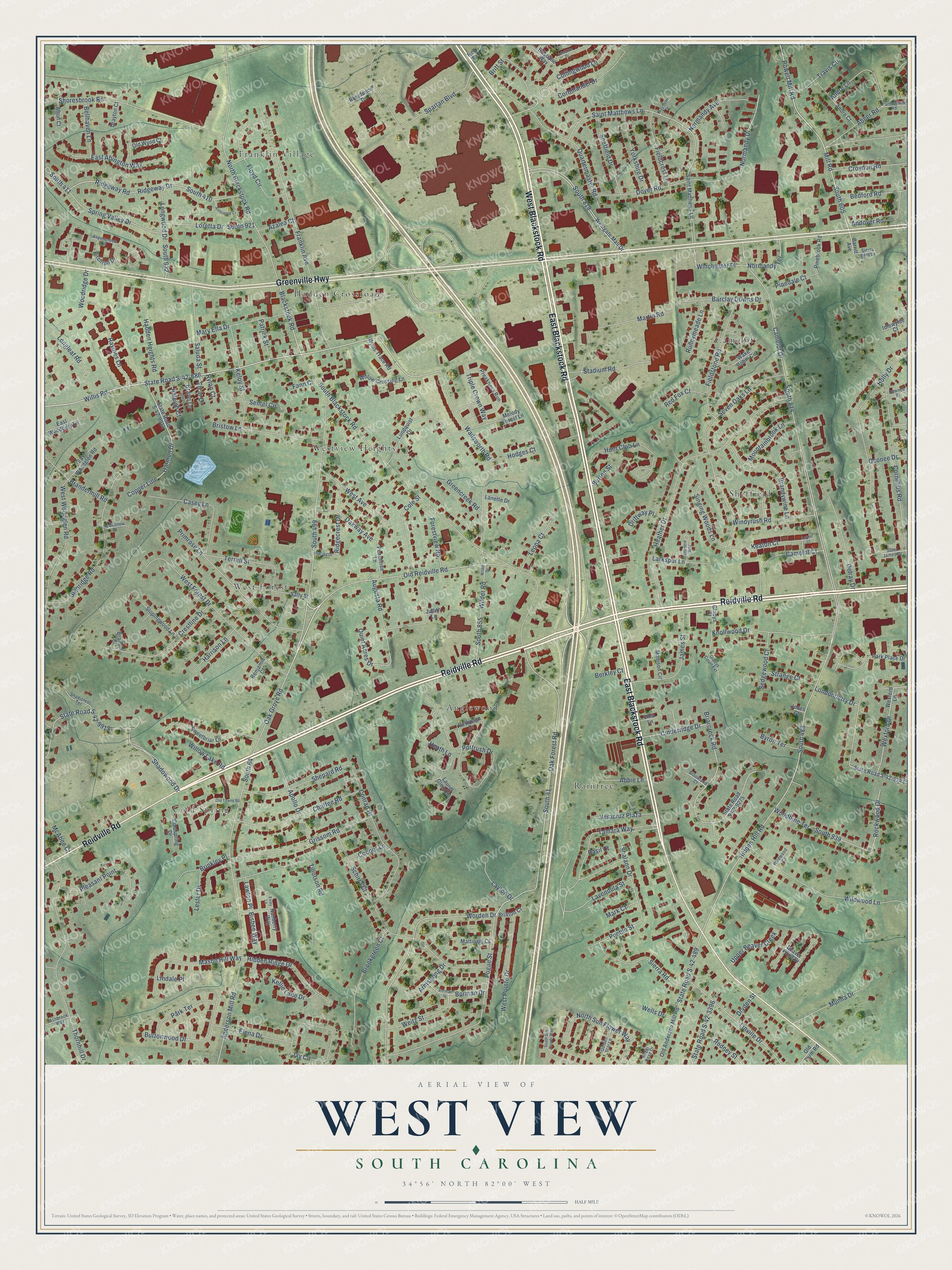 Full map of West View, South Carolina, with red buildings, printed street names and the land around them