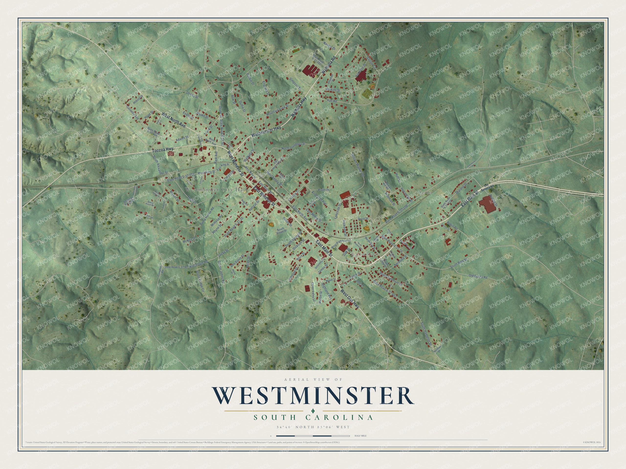 Full map of Westminster, South Carolina, with red buildings, printed street names and the land around them