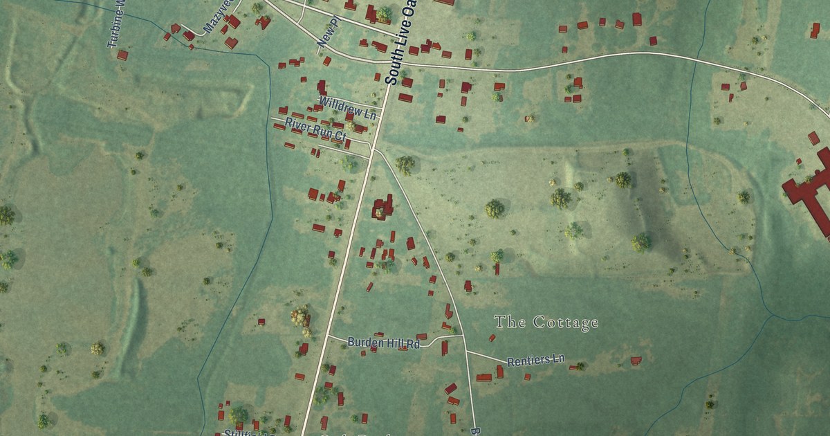 Close-up of streets and buildings in Whitesville, South Carolina