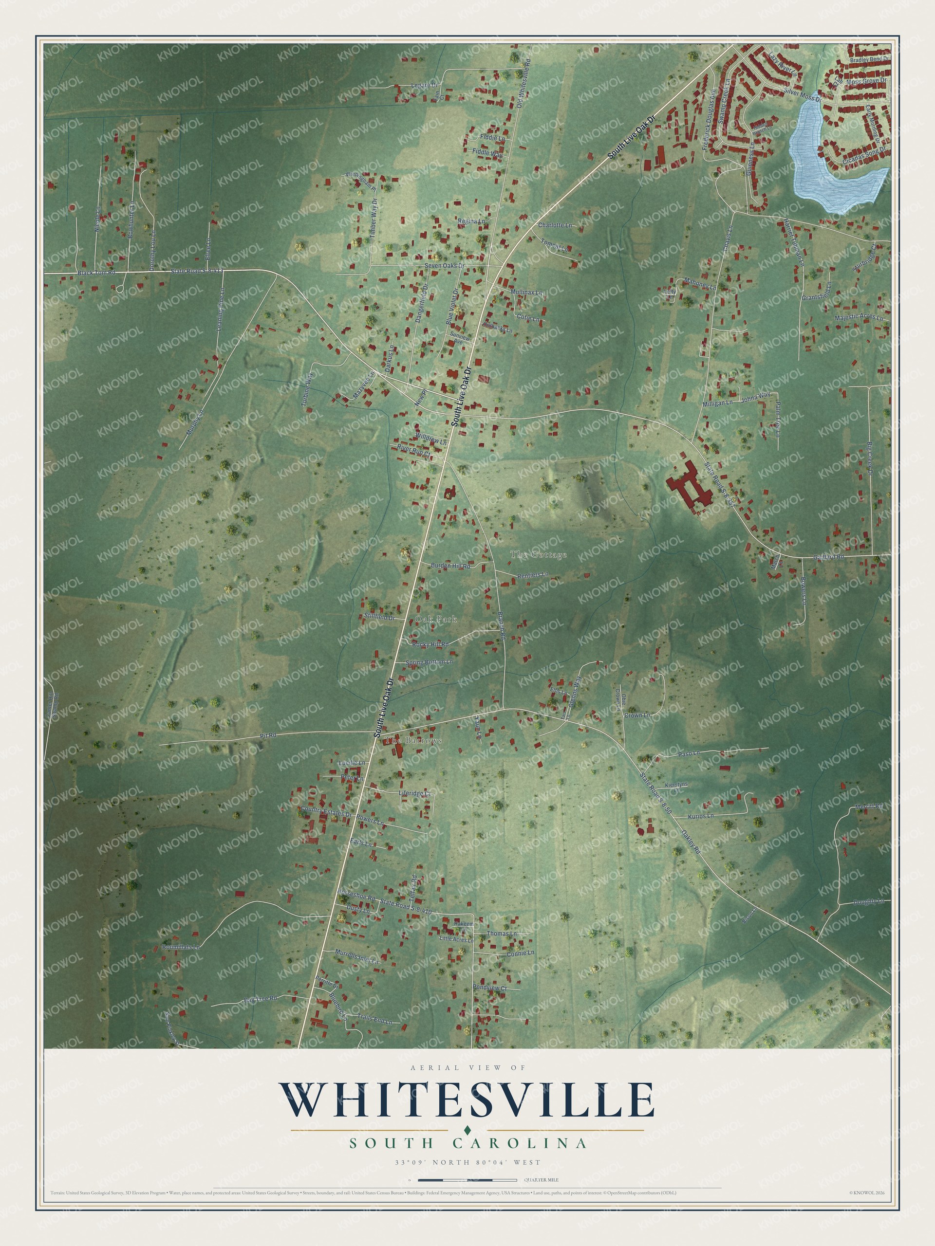 Full map of Whitesville, South Carolina, with red buildings, printed street names and the land around them