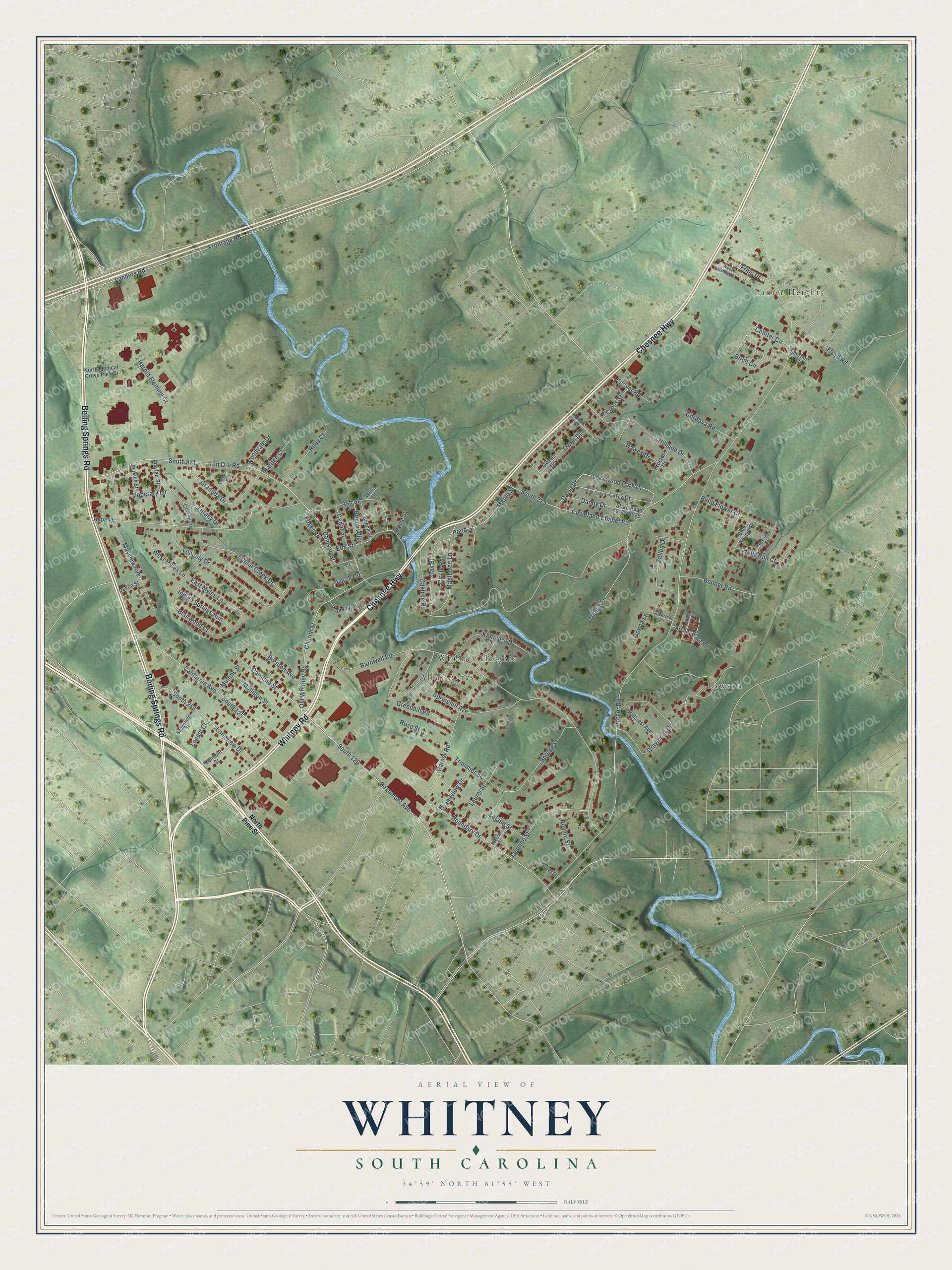 Full map of Whitney, South Carolina, with red buildings, printed street names and the land around them