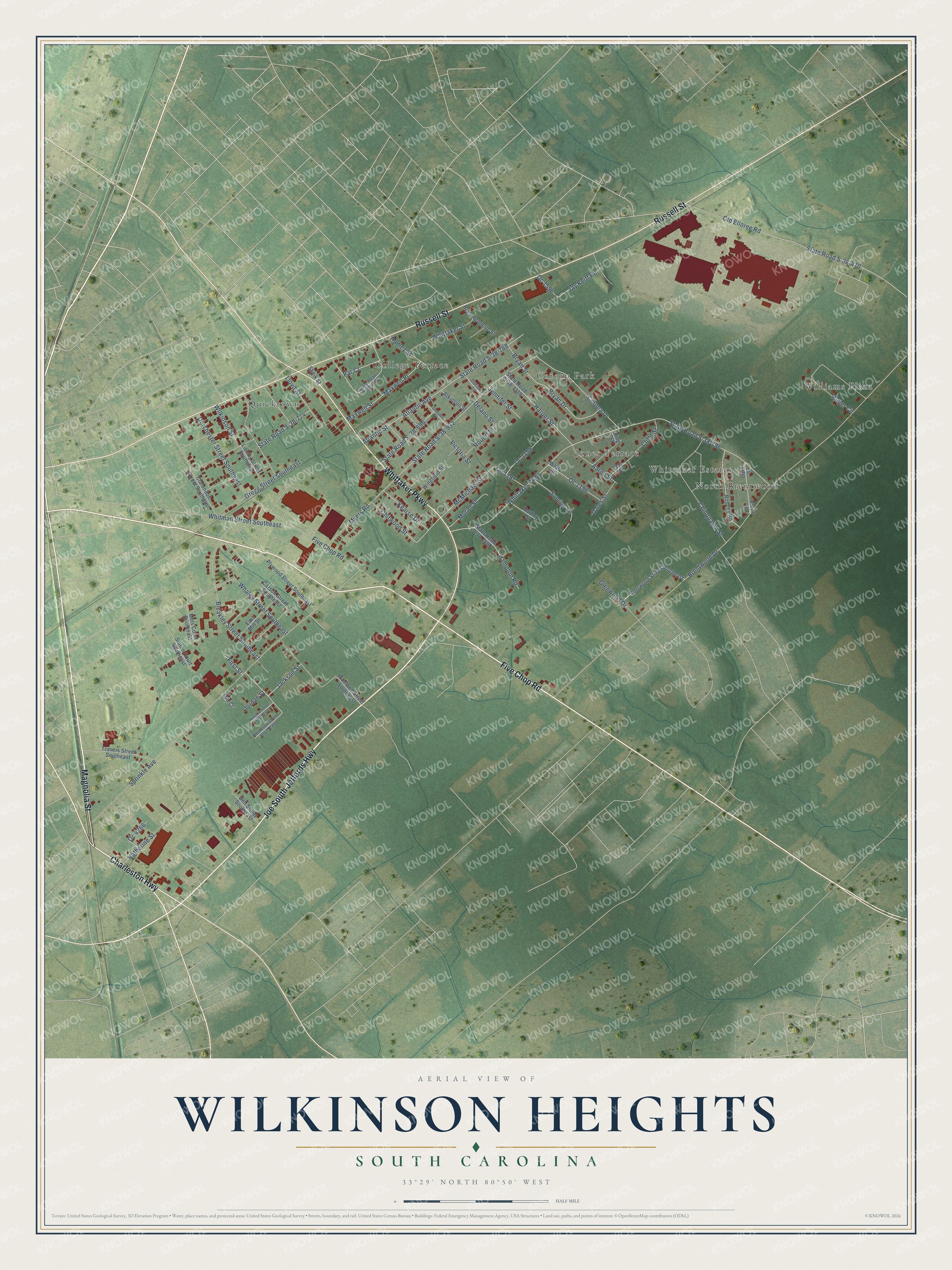 Full map of Wilkinson Heights, South Carolina, with red buildings, printed street names and the land around them