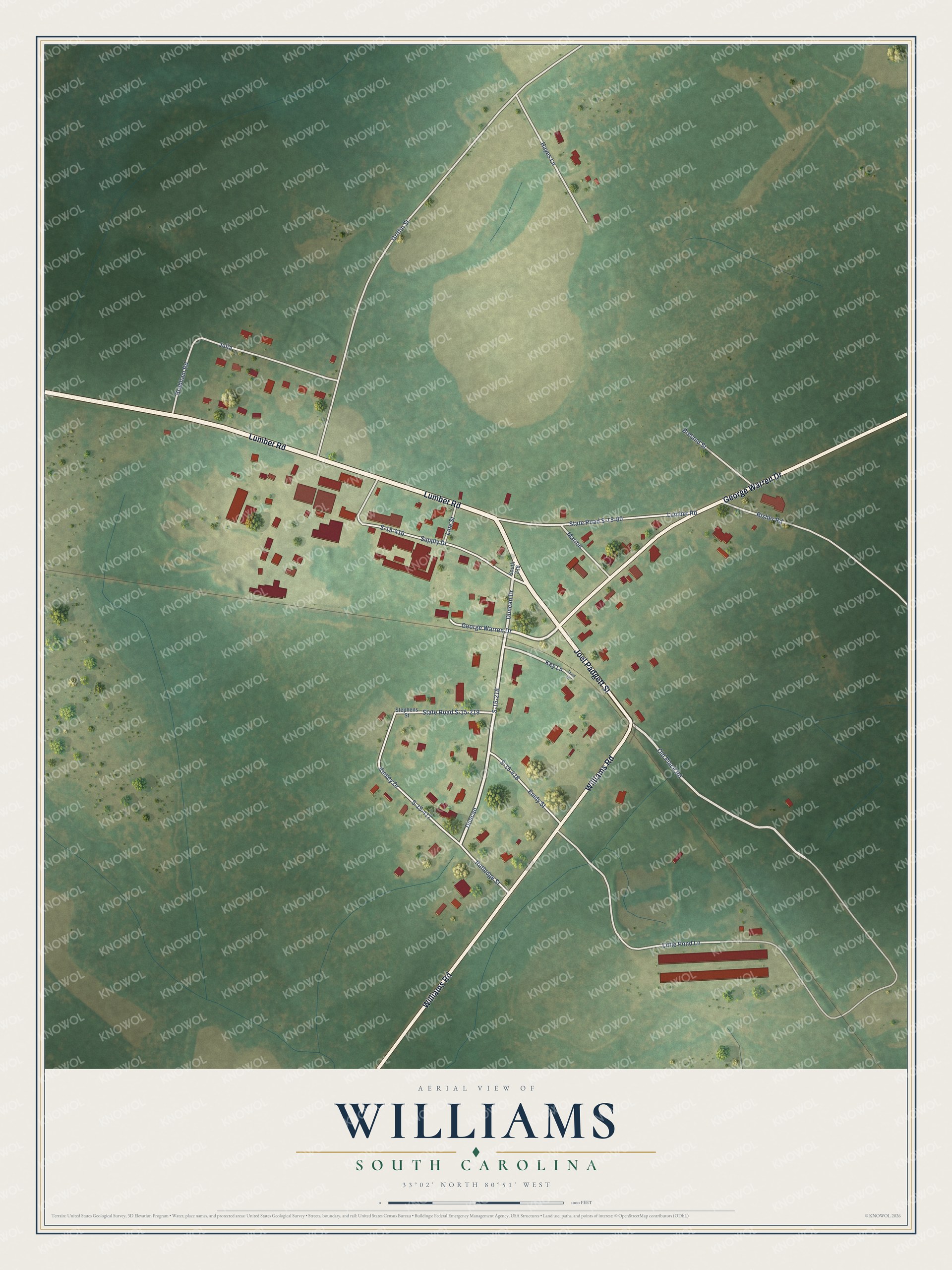 Full map of Williams, South Carolina, with red buildings, printed street names and the land around them