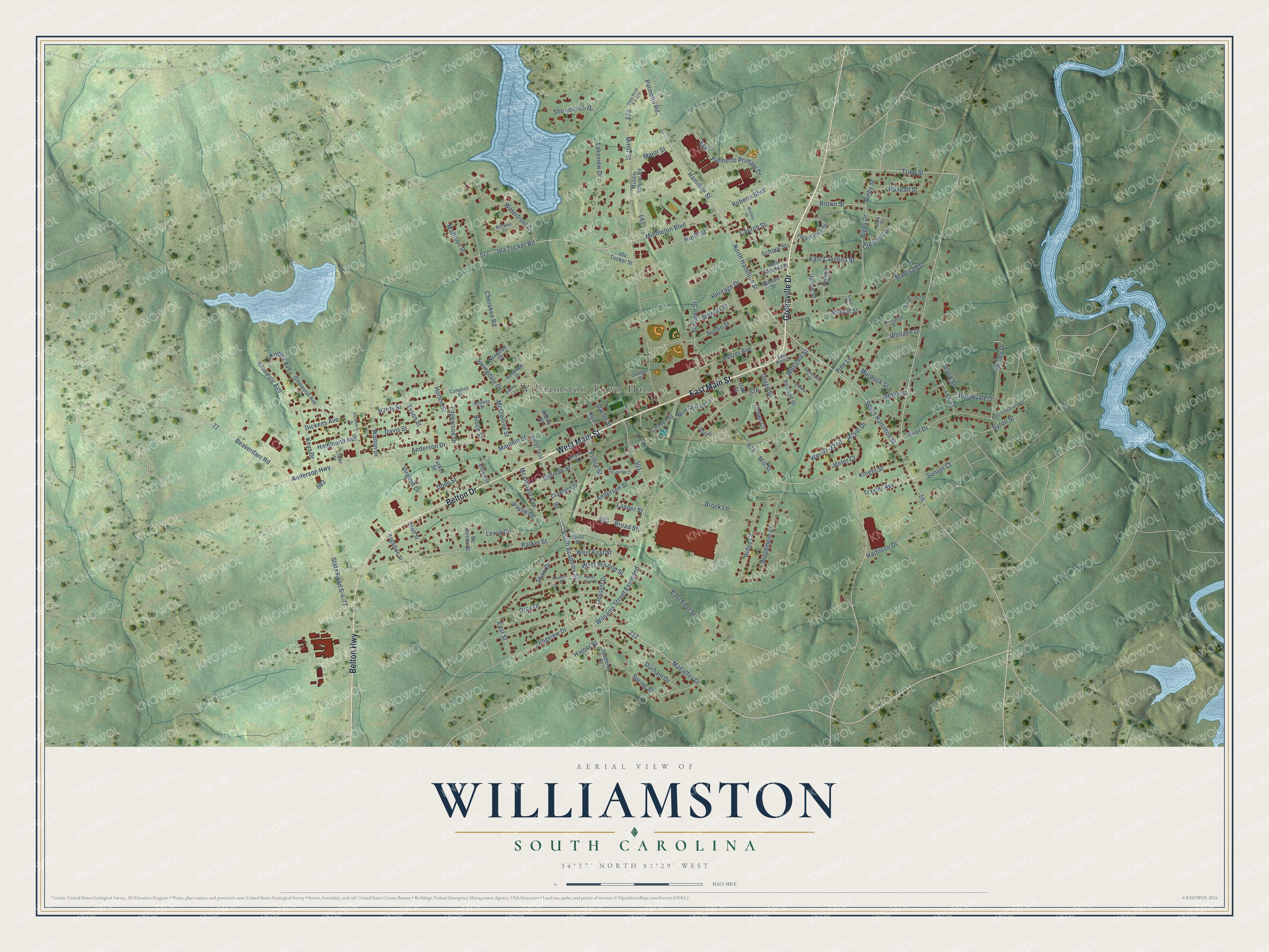 Full map of Williamston, South Carolina, with red buildings, printed street names and the land around them