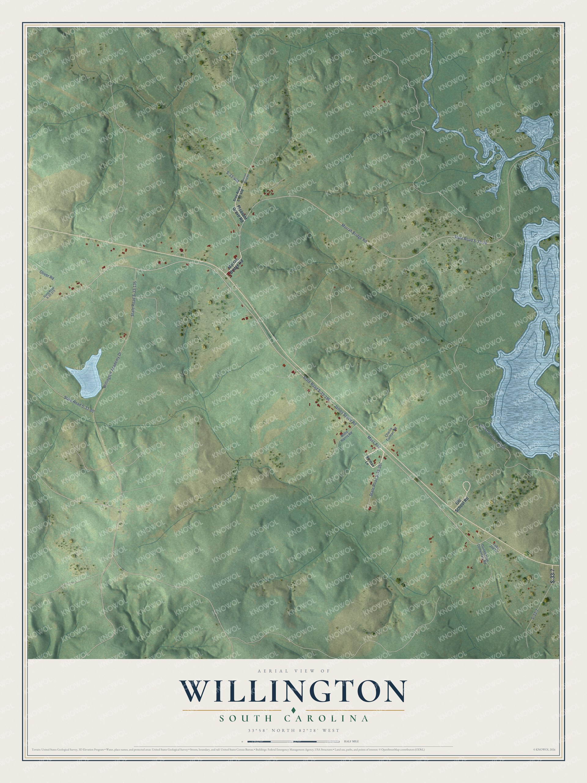 Full map of Willington, South Carolina, with red buildings, printed street names and the land around them