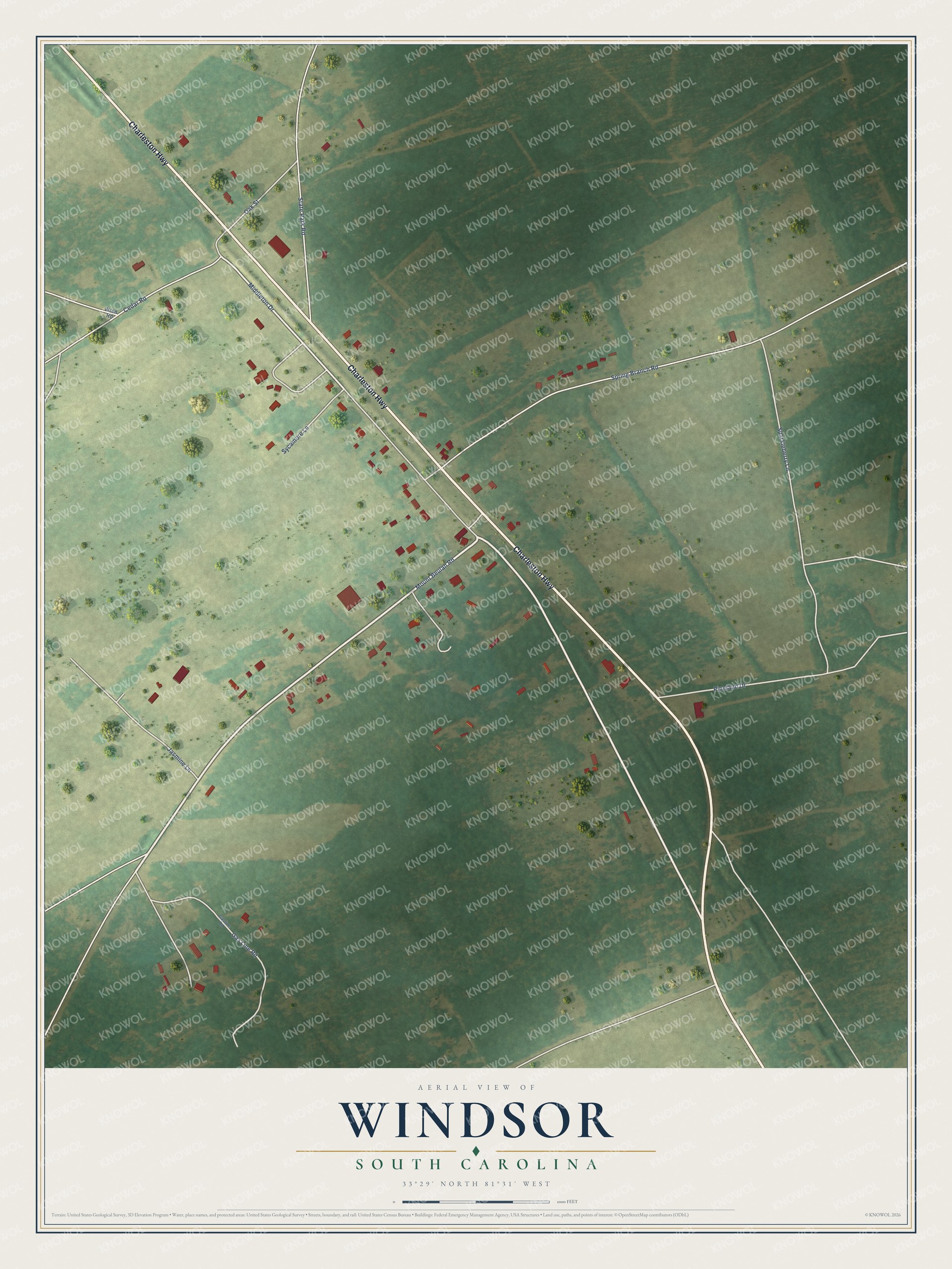 Full map of Windsor, South Carolina, with red buildings, printed street names and the land around them