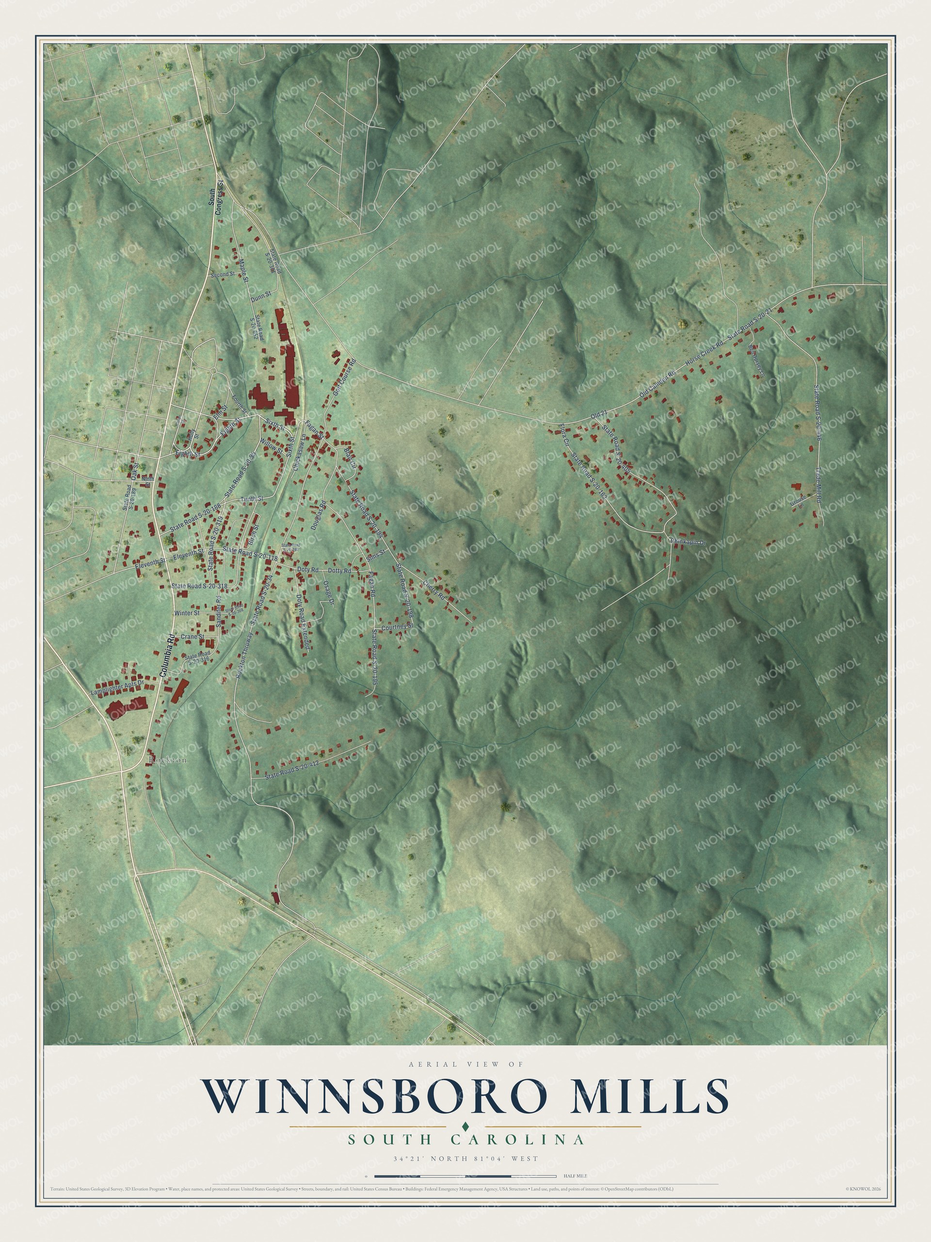 Full map of Winnsboro Mills, South Carolina, with red buildings, printed street names and the land around them