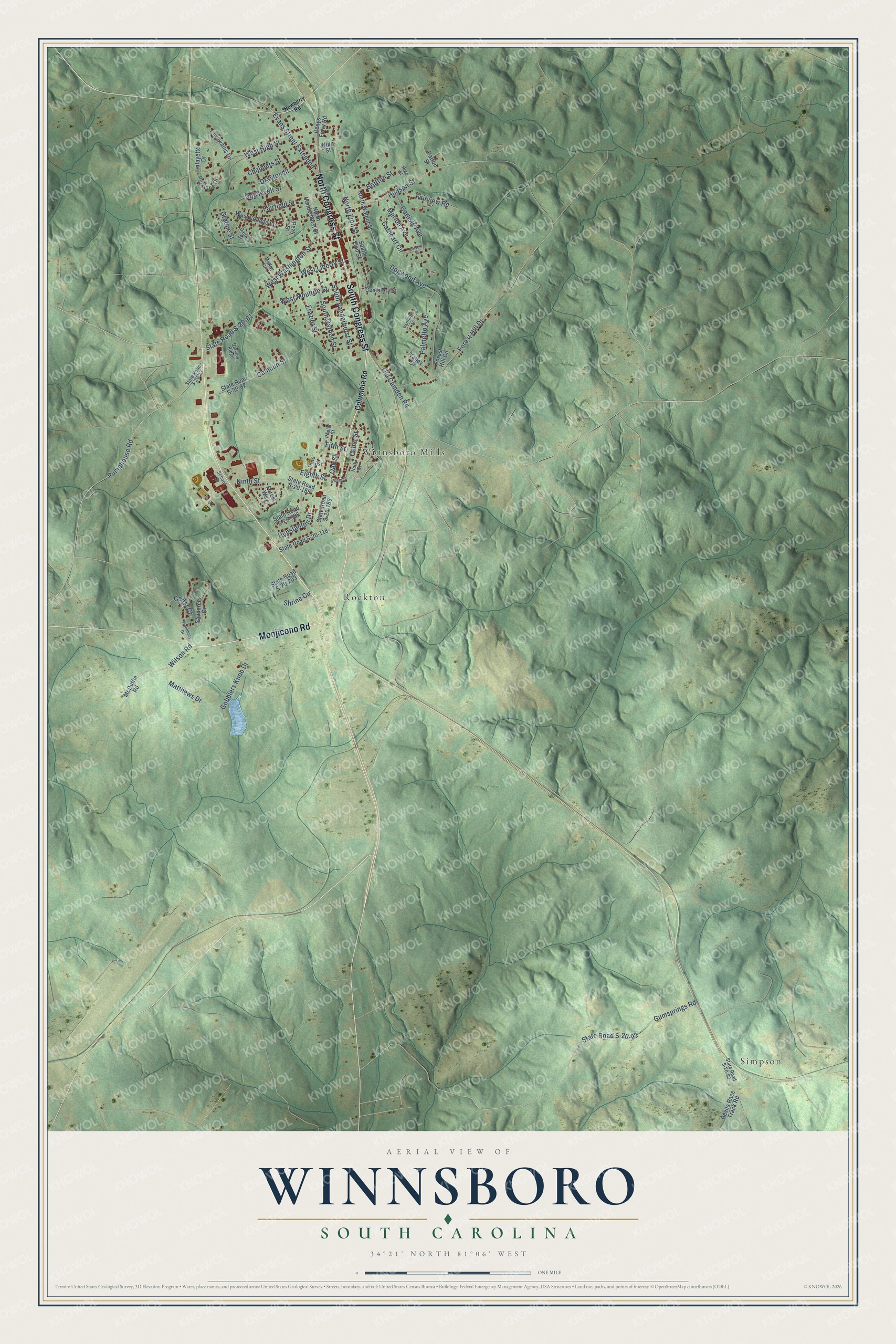 Full map of Winnsboro, South Carolina, with red buildings, printed street names and the land around them