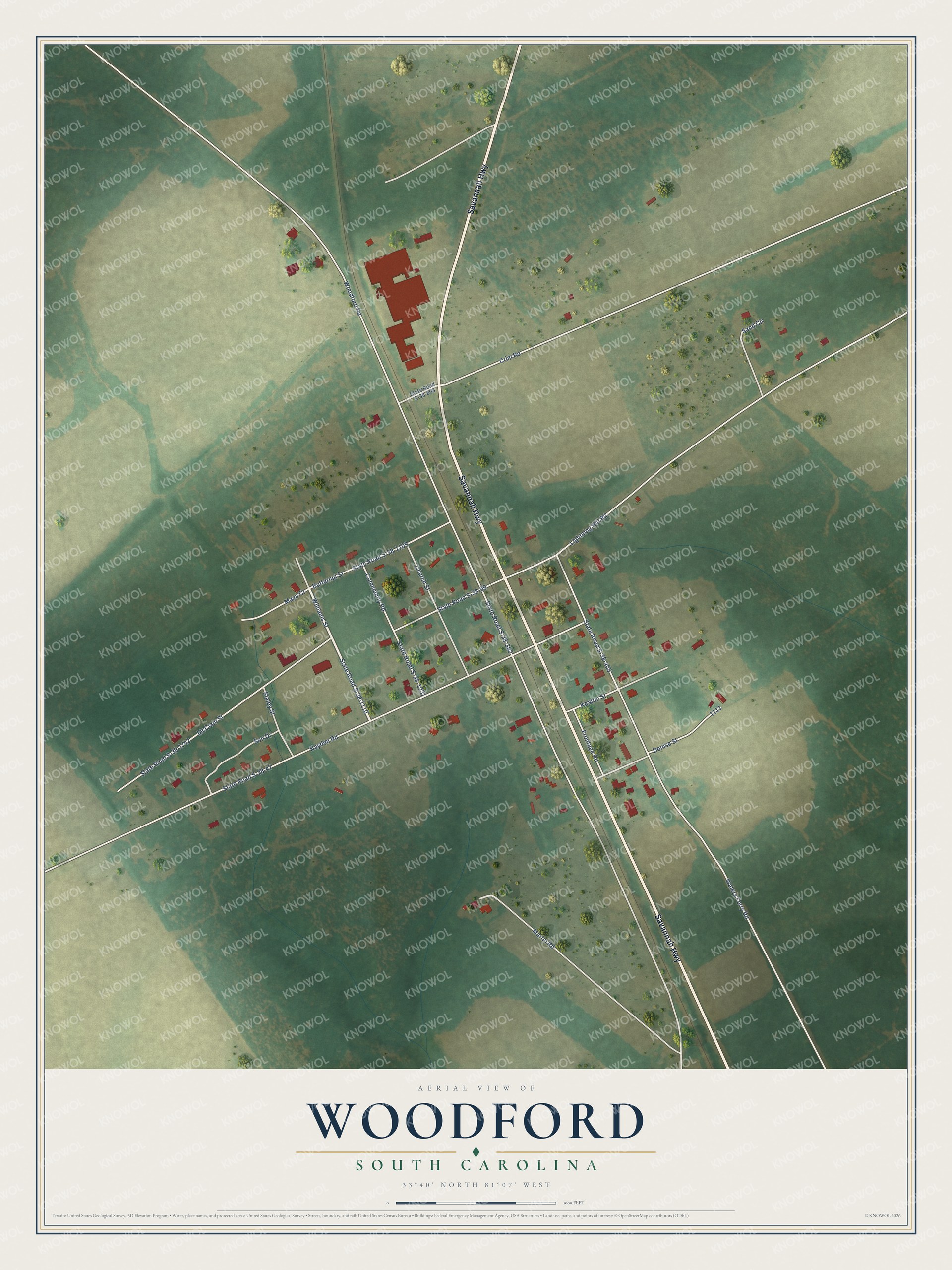 Full map of Woodford, South Carolina, with red buildings, printed street names and the land around them