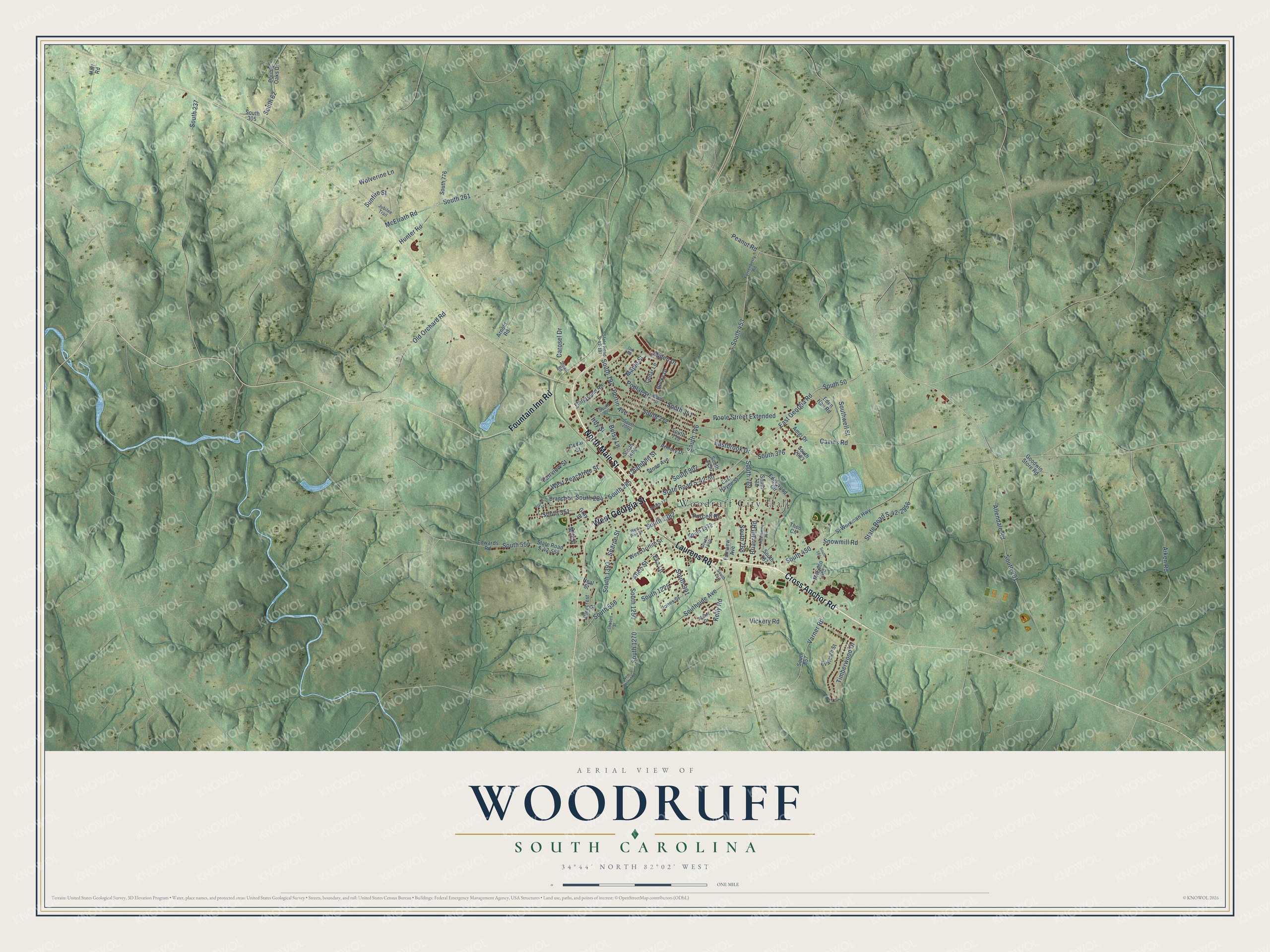 Full map of Woodruff, South Carolina, with red buildings, printed street names and the land around them