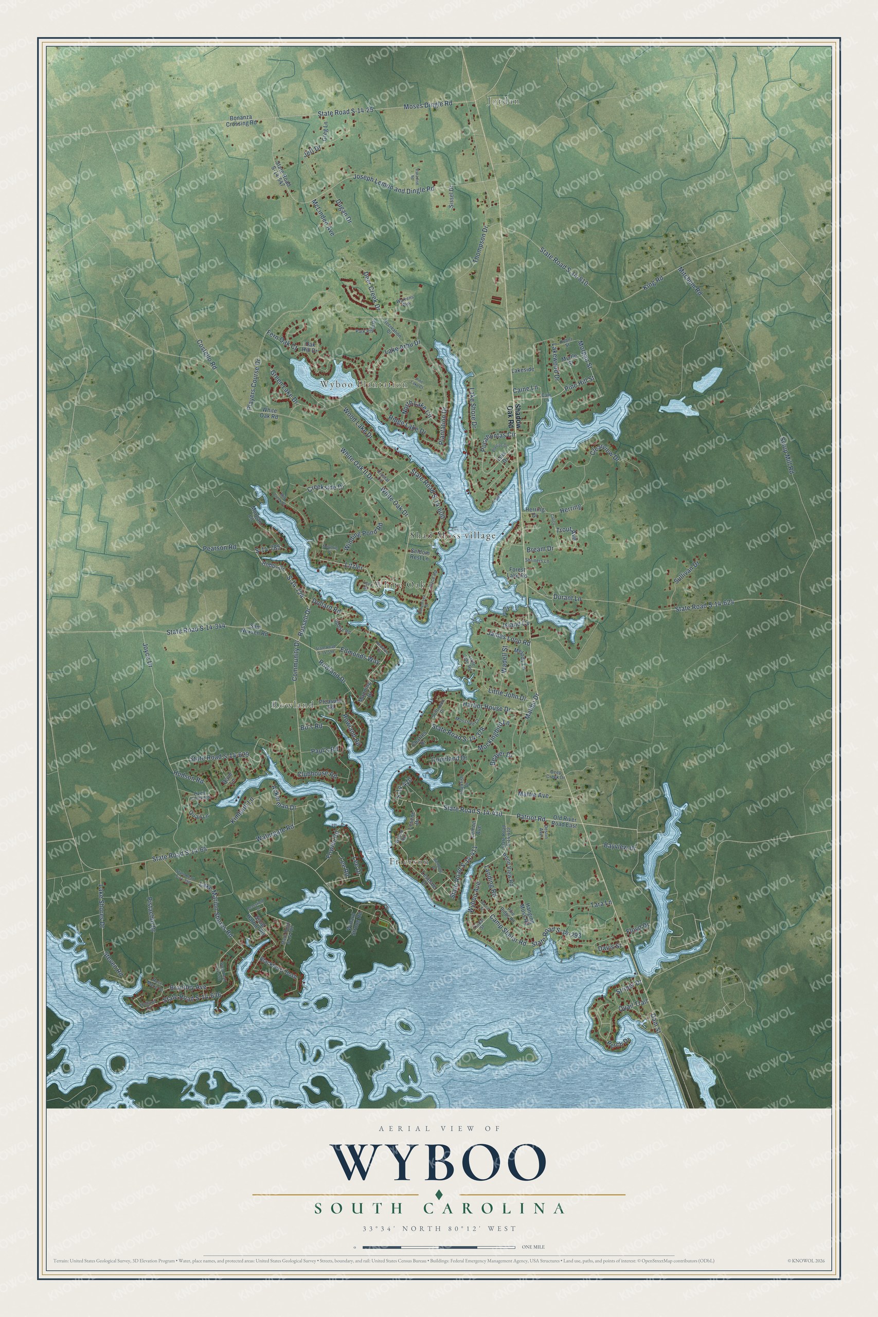 Full map of Wyboo, South Carolina, with red buildings, printed street names and the land around them