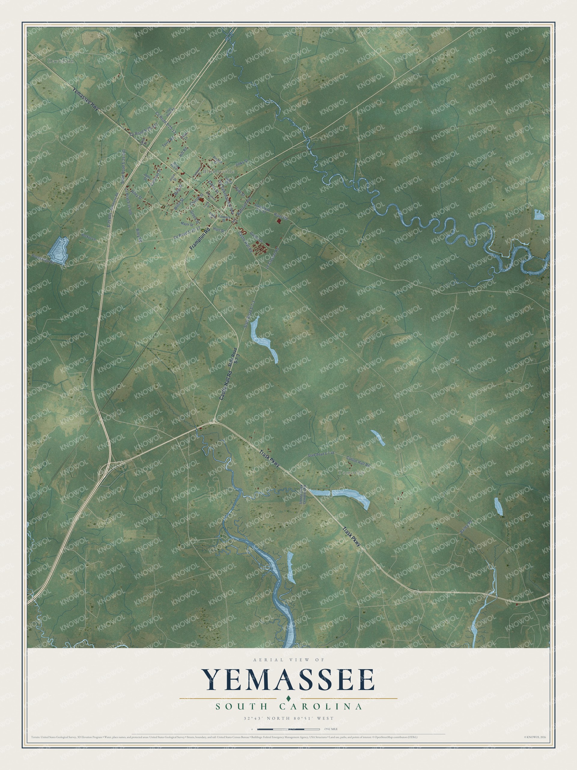 Full map of Yemassee, South Carolina, with red buildings, printed street names and the land around them