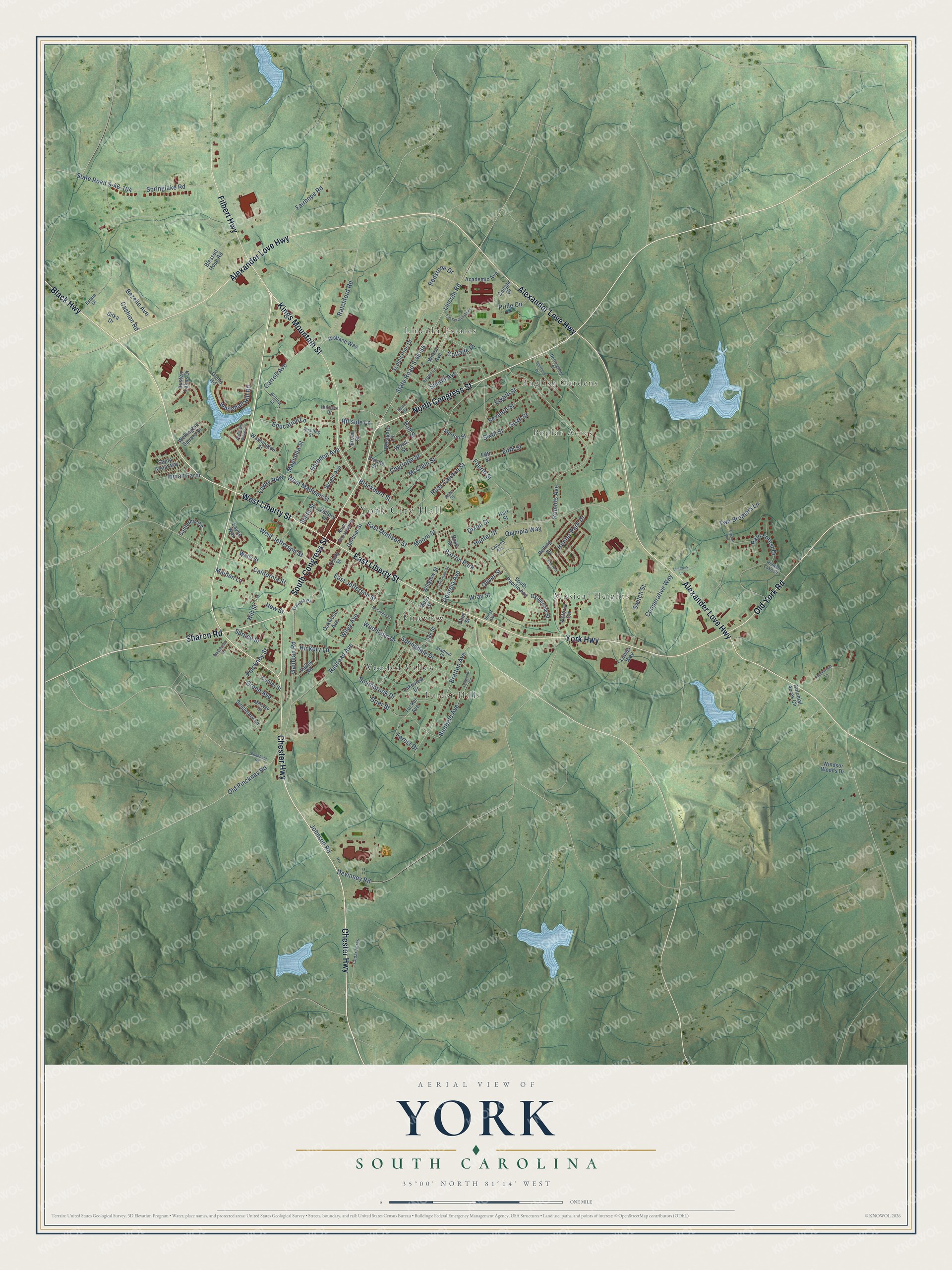 Full map of York, South Carolina, with red buildings, printed street names and the land around them