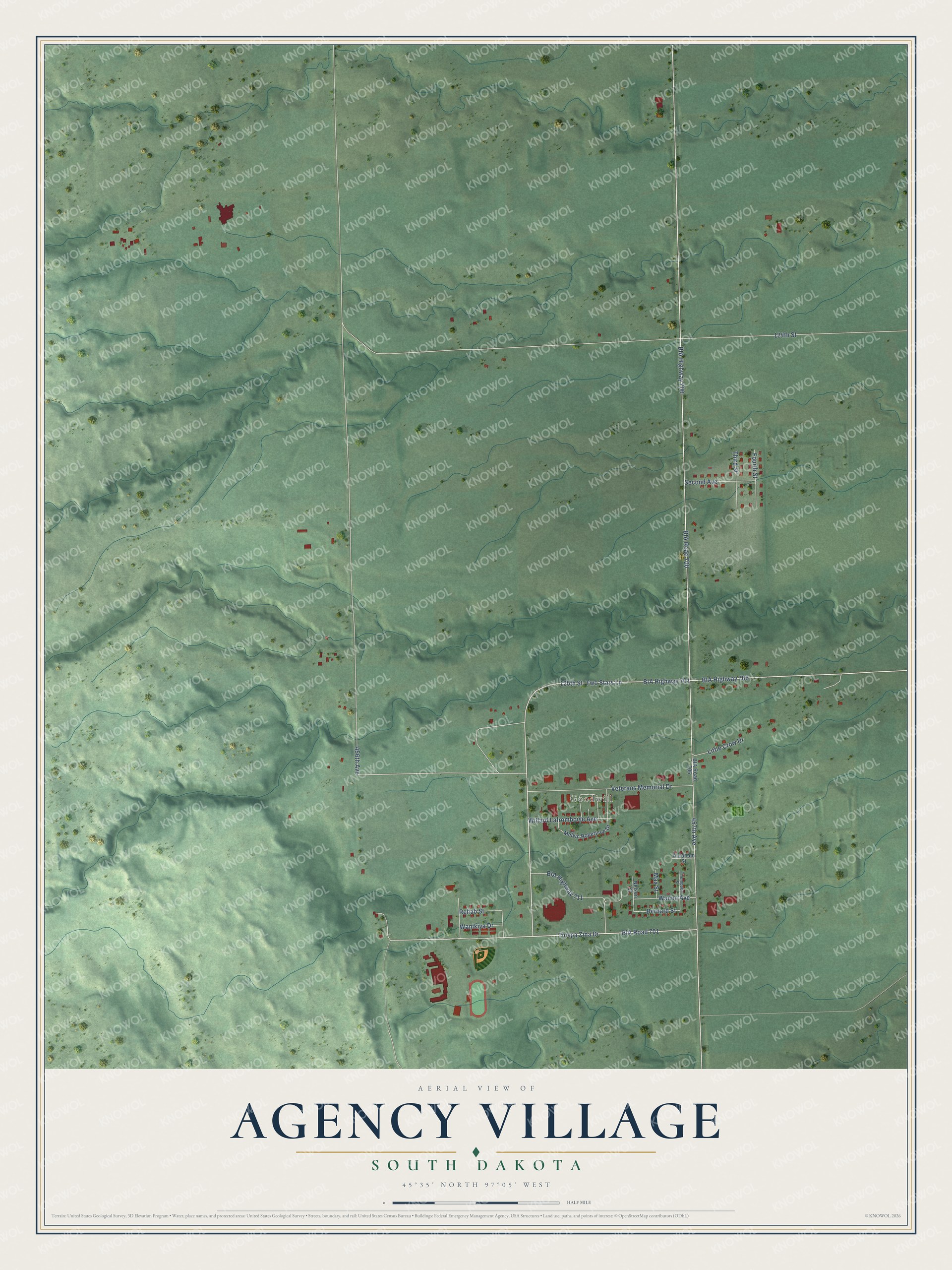 Full map of Agency Village, South Dakota, with red buildings, printed street names and the land around them