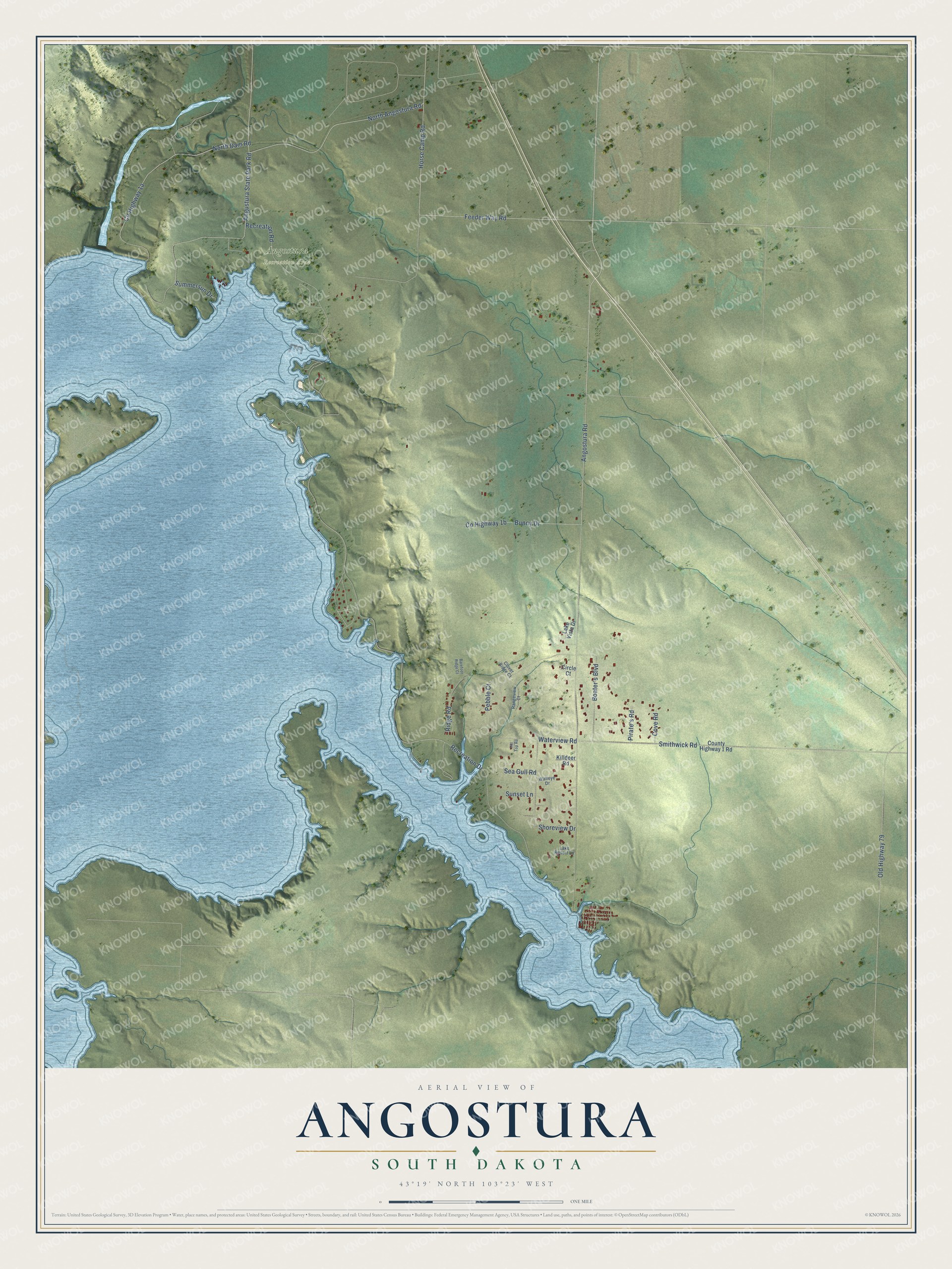Full map of Angostura, South Dakota, with red buildings, printed street names and the land around them