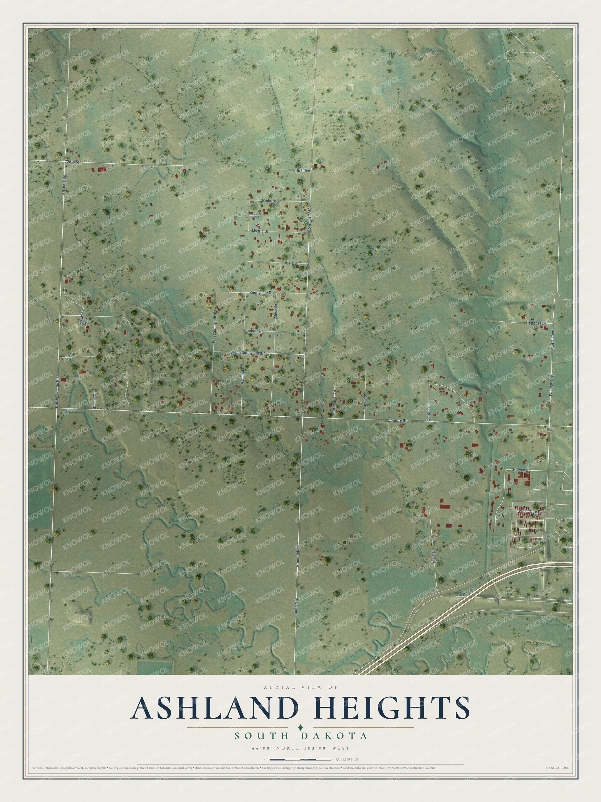 Full map of Ashland Heights, South Dakota, with red buildings, printed street names and the land around them