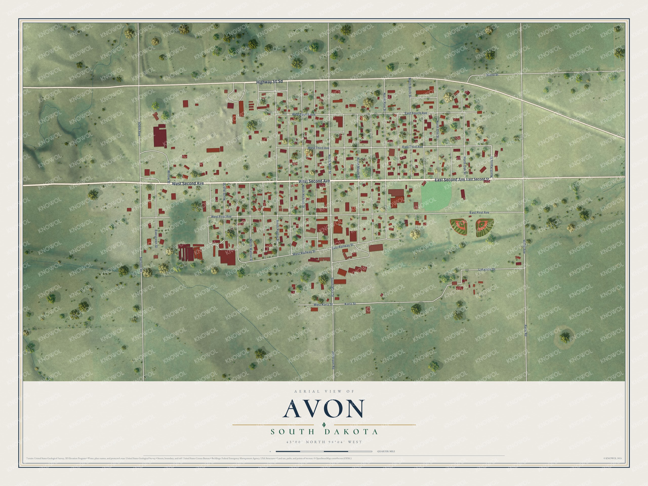 Full map of Avon, South Dakota, with red buildings, printed street names and the land around them