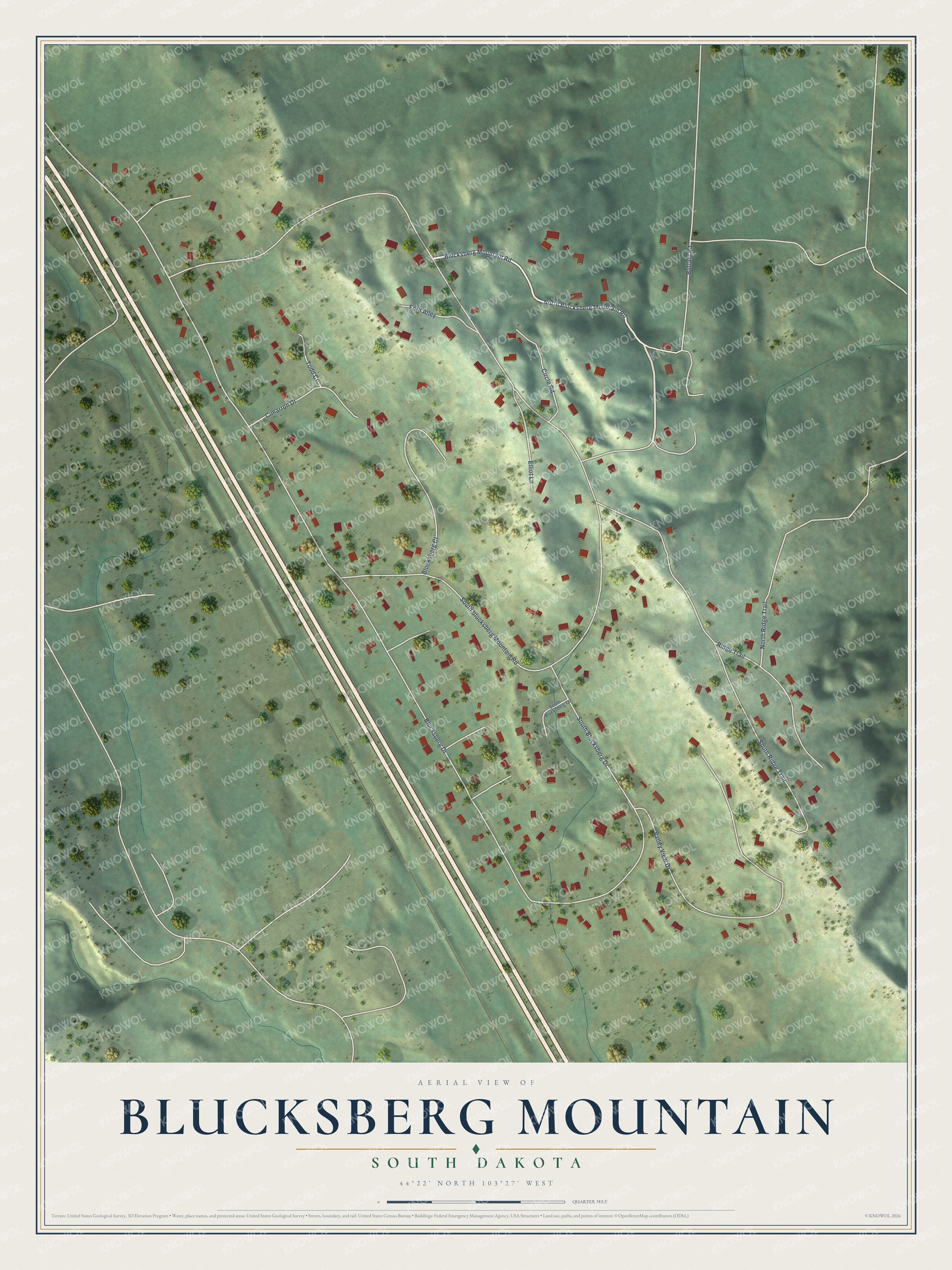 Full map of Blucksberg Mountain, South Dakota, with red buildings, printed street names and the land around them