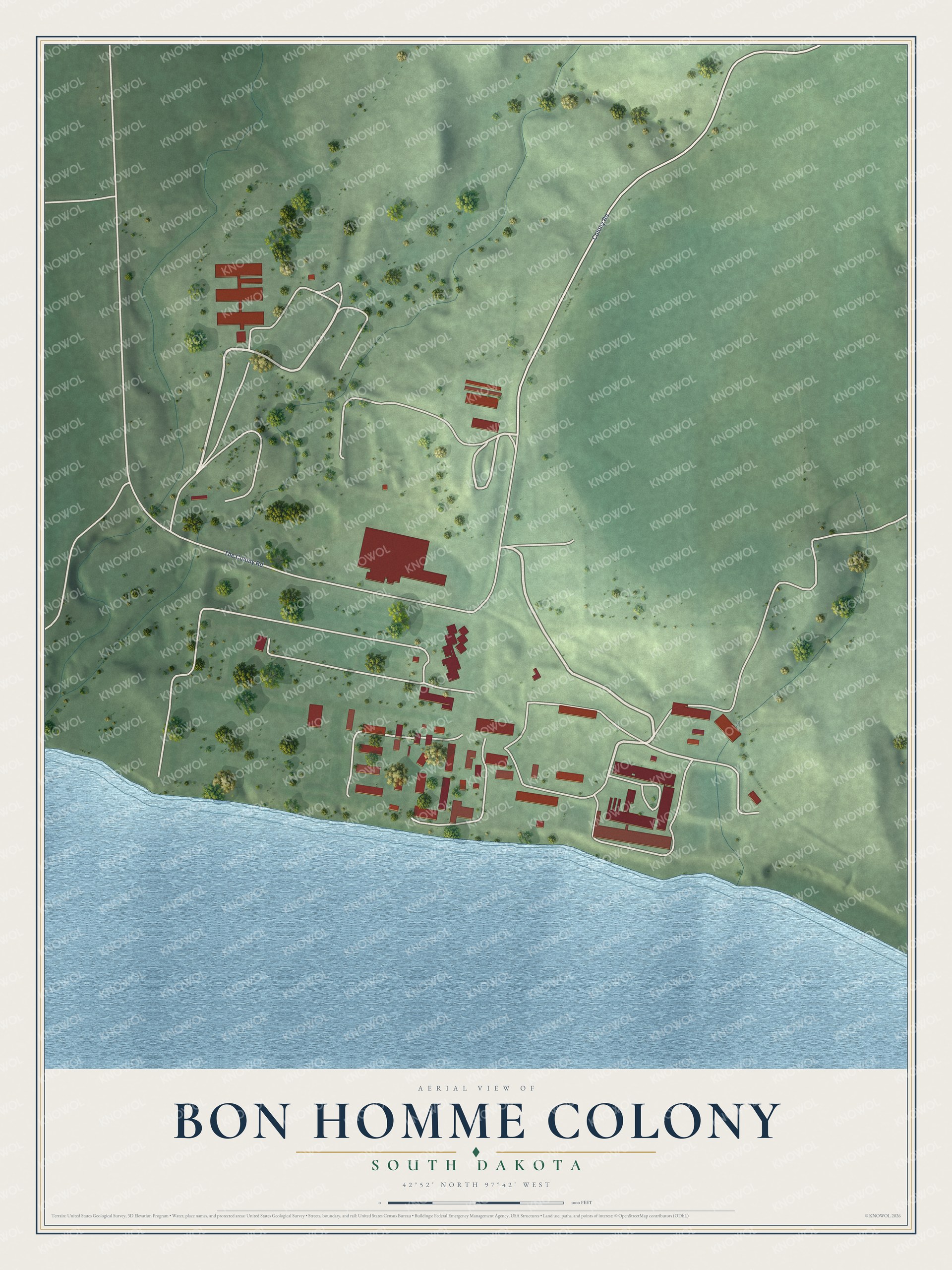 Full map of Bon Homme Colony, South Dakota, with red buildings, printed street names and the land around them