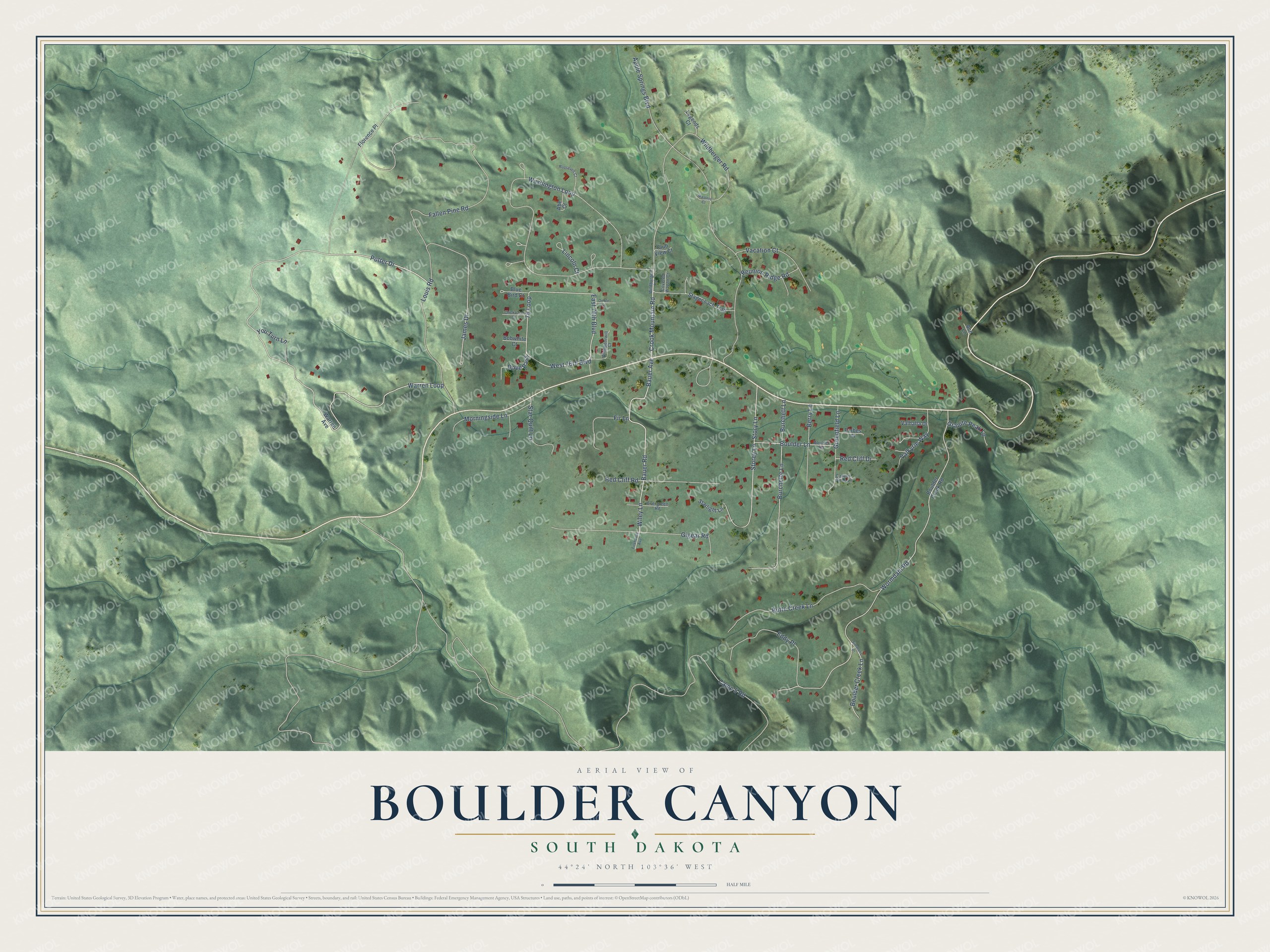 Full map of Boulder Canyon, South Dakota, with red buildings, printed street names and the land around them