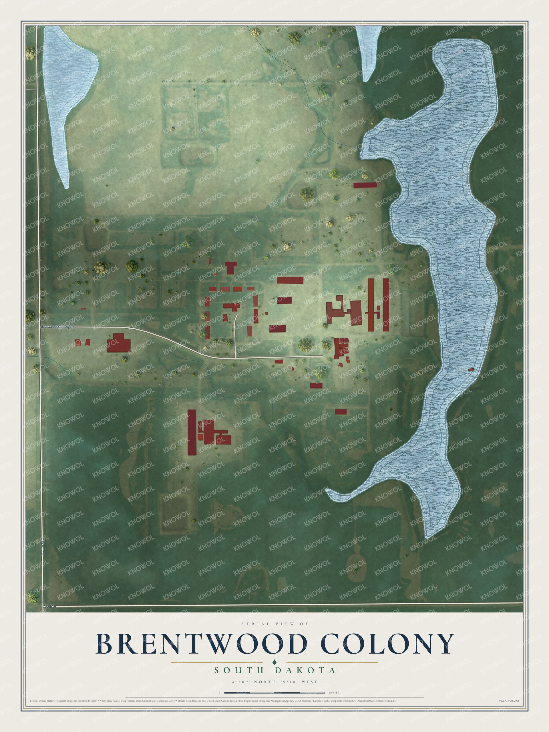 Full map of Brentwood Colony, South Dakota, with red buildings, printed street names and the land around them