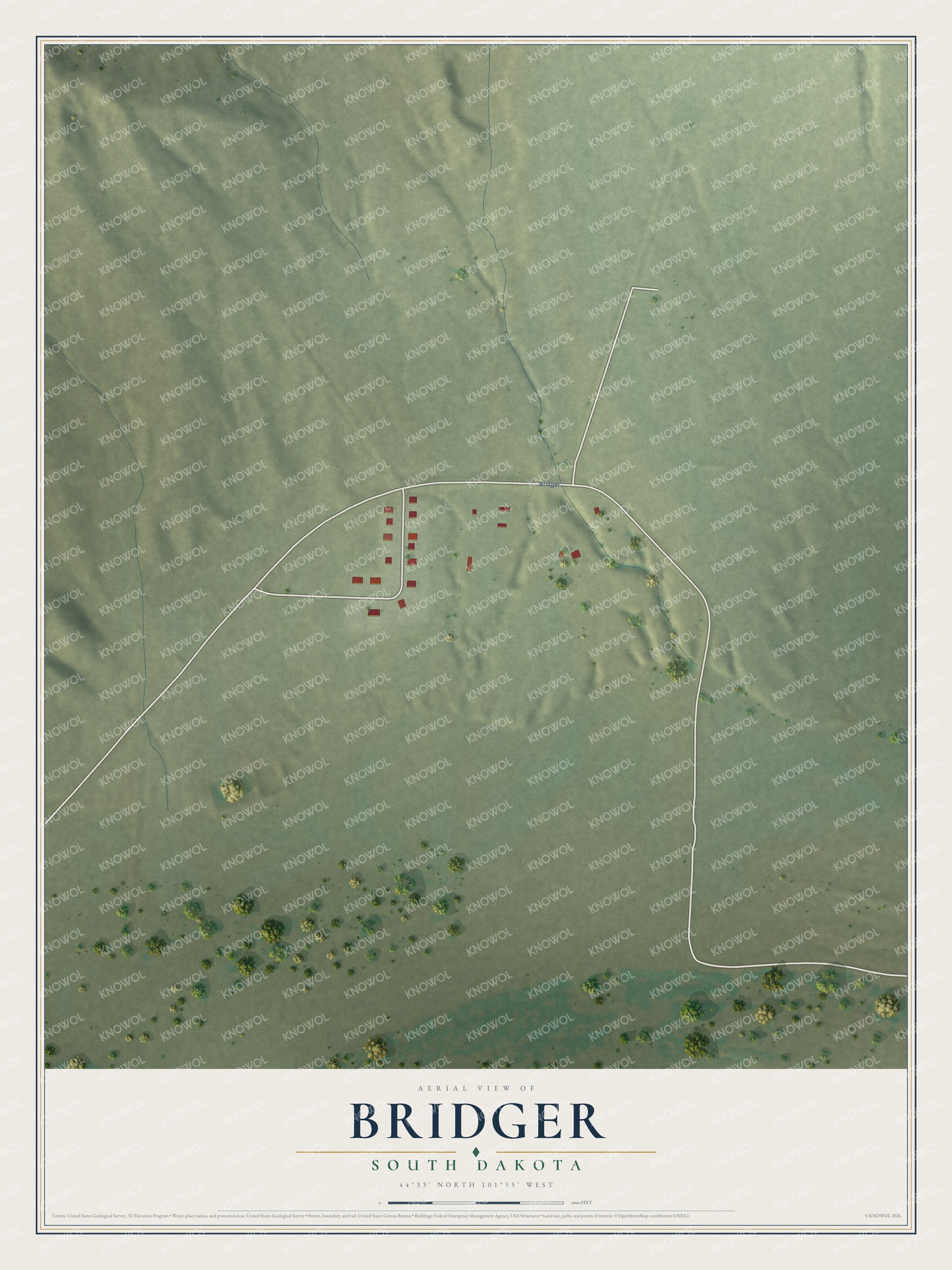 Full map of Bridger, South Dakota, with red buildings, printed street names and the land around them