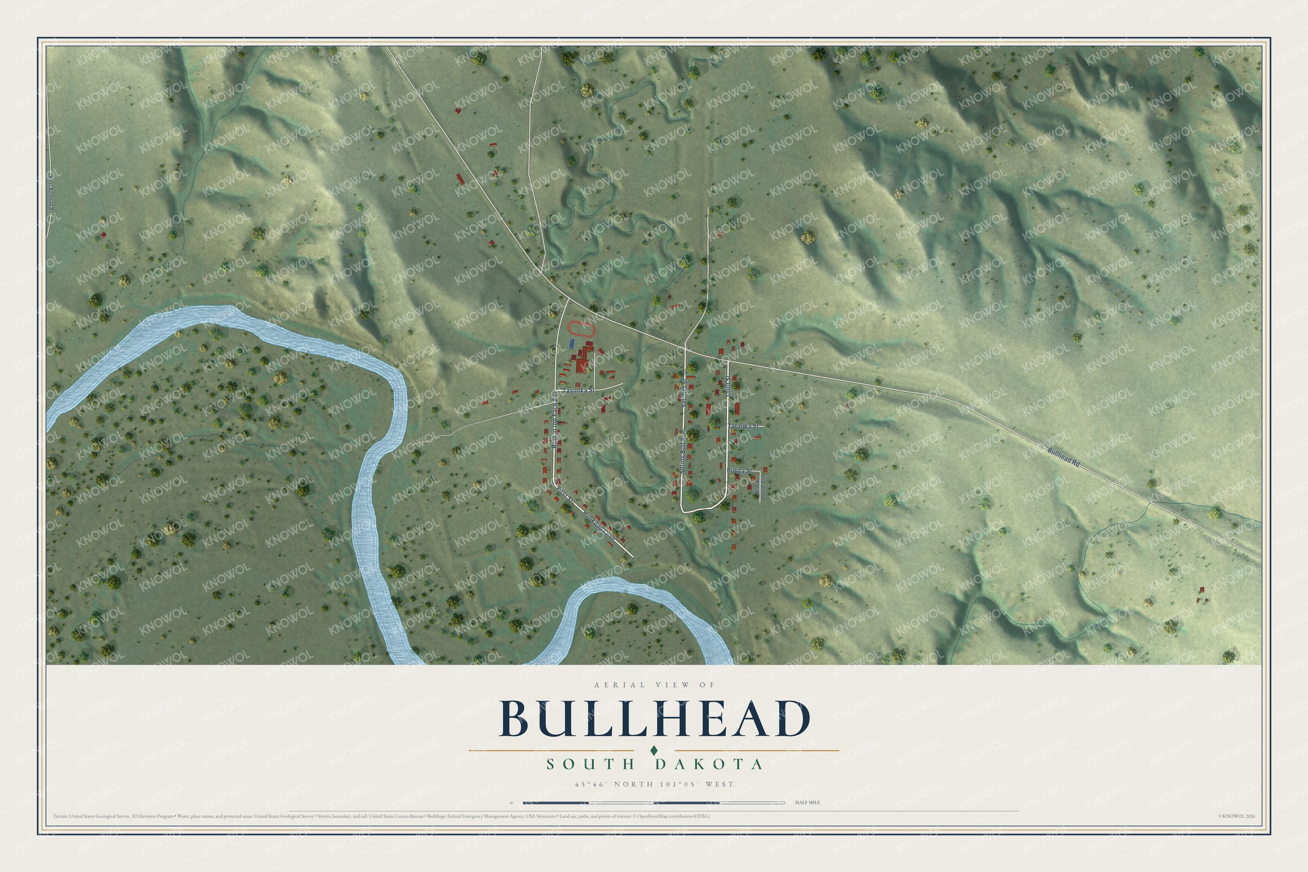 Full map of Bullhead, South Dakota, with red buildings, printed street names and the land around them