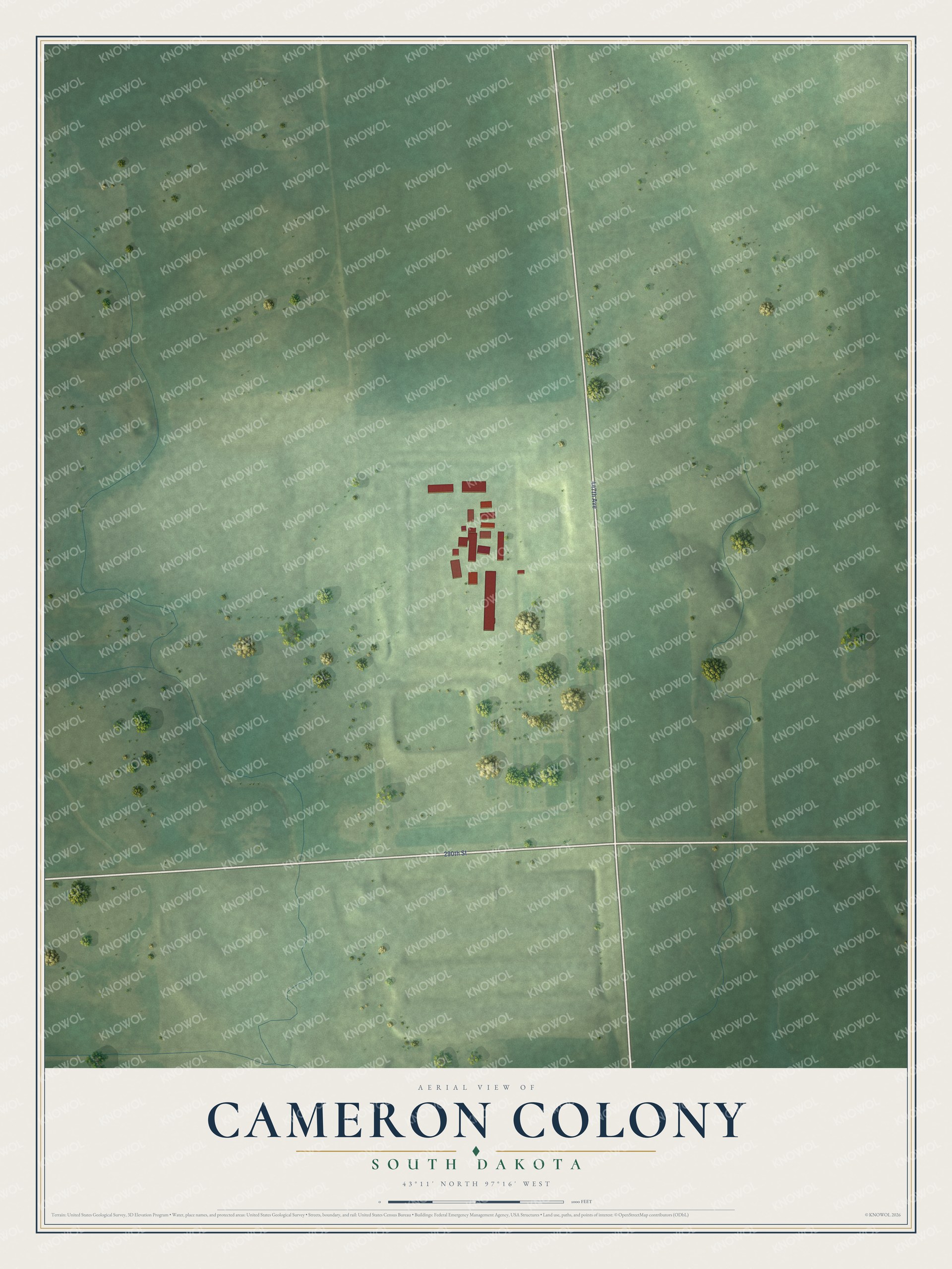 Full map of Cameron Colony, South Dakota, with red buildings, printed street names and the land around them