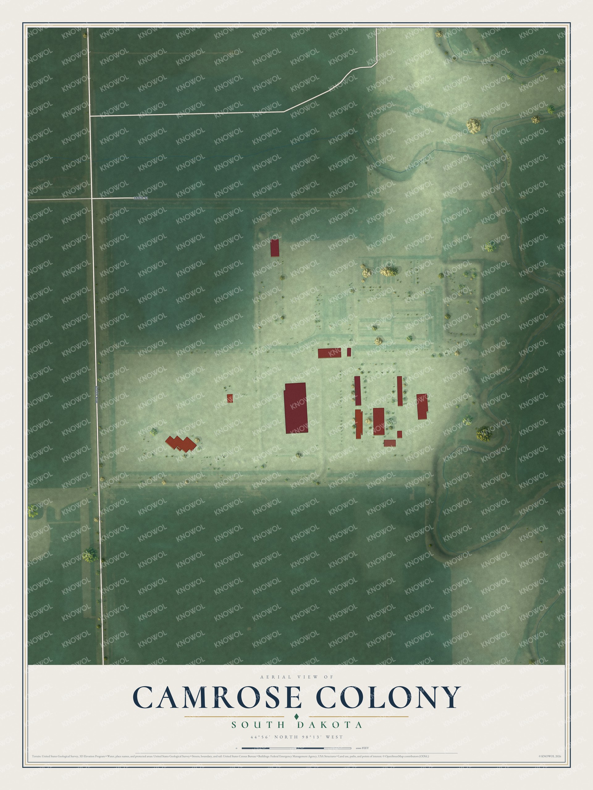 Full map of Camrose Colony, South Dakota, with red buildings, printed street names and the land around them