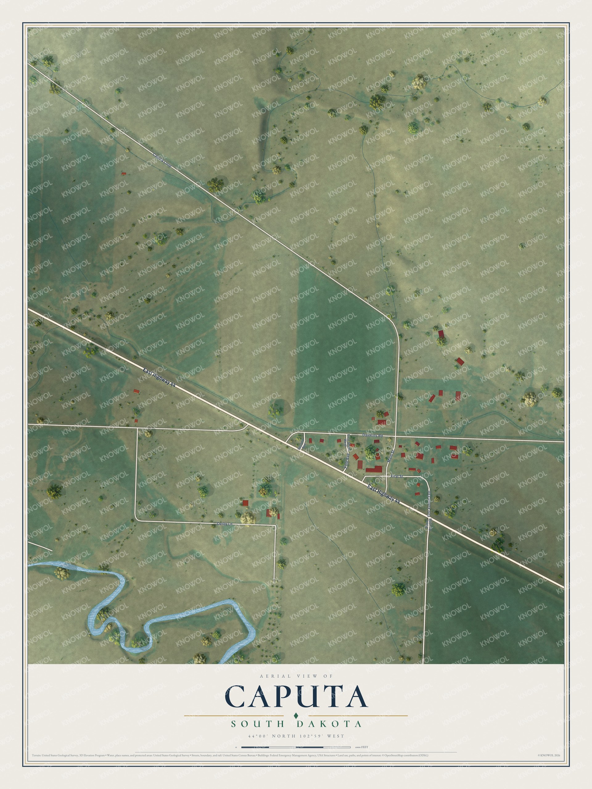 Full map of Caputa, South Dakota, with red buildings, printed street names and the land around them