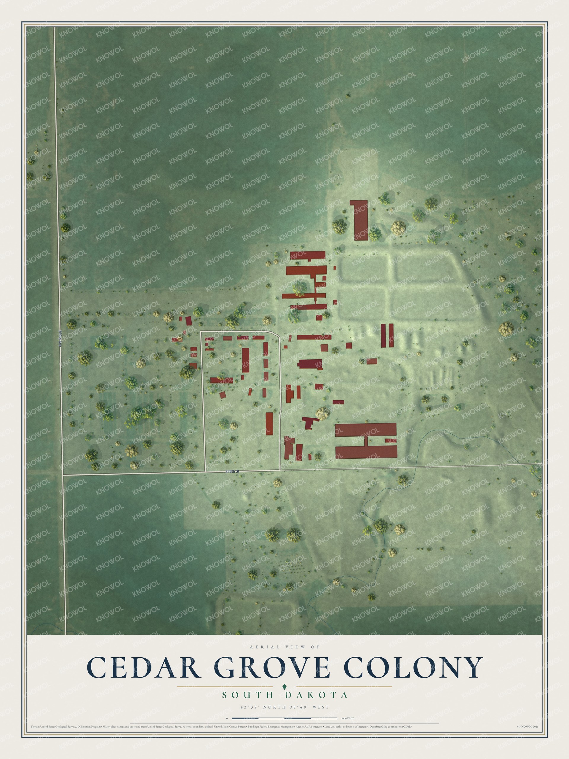 Full map of Cedar Grove Colony, South Dakota, with red buildings, printed street names and the land around them