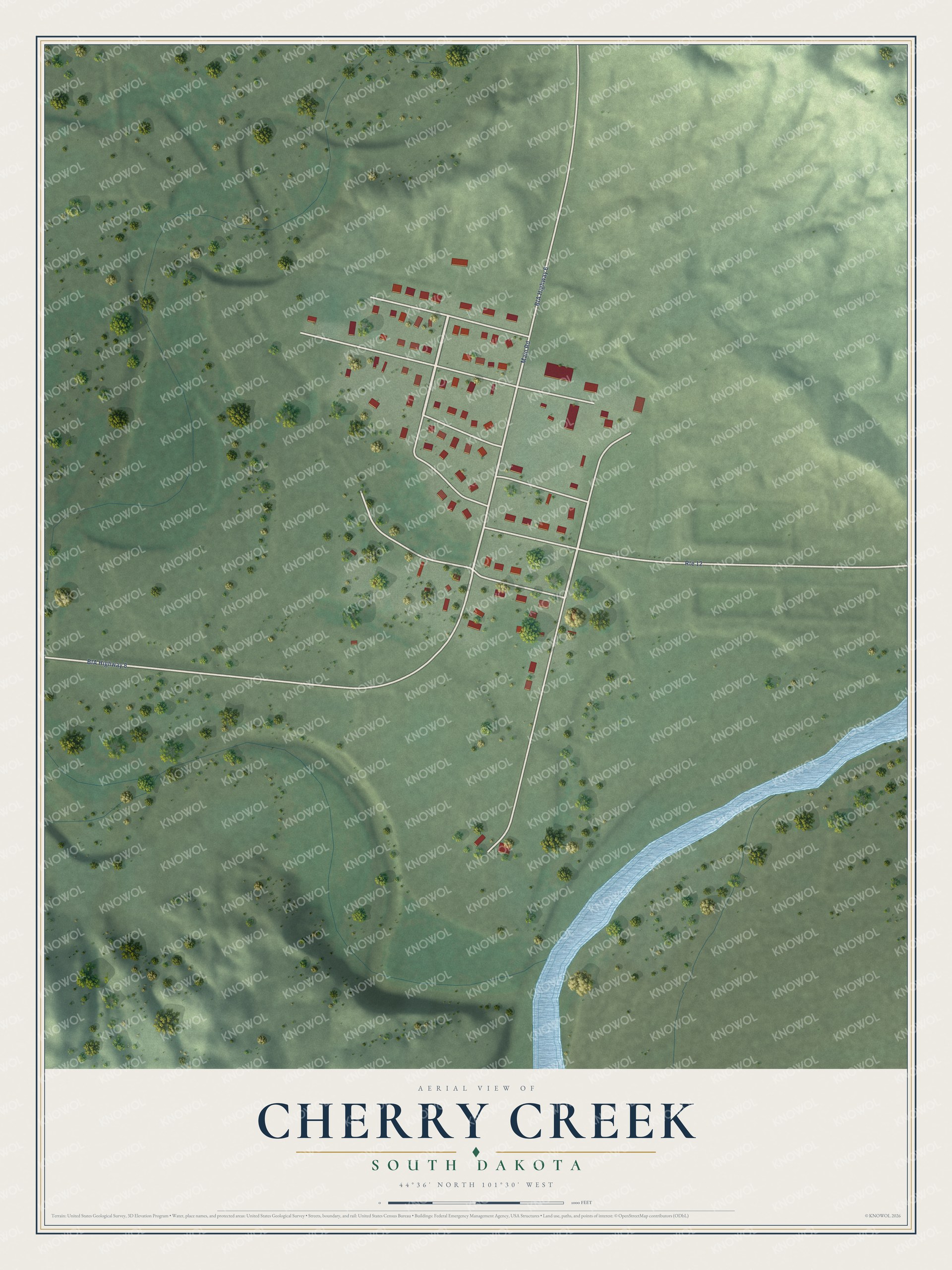 Full map of Cherry Creek, South Dakota, with red buildings, printed street names and the land around them