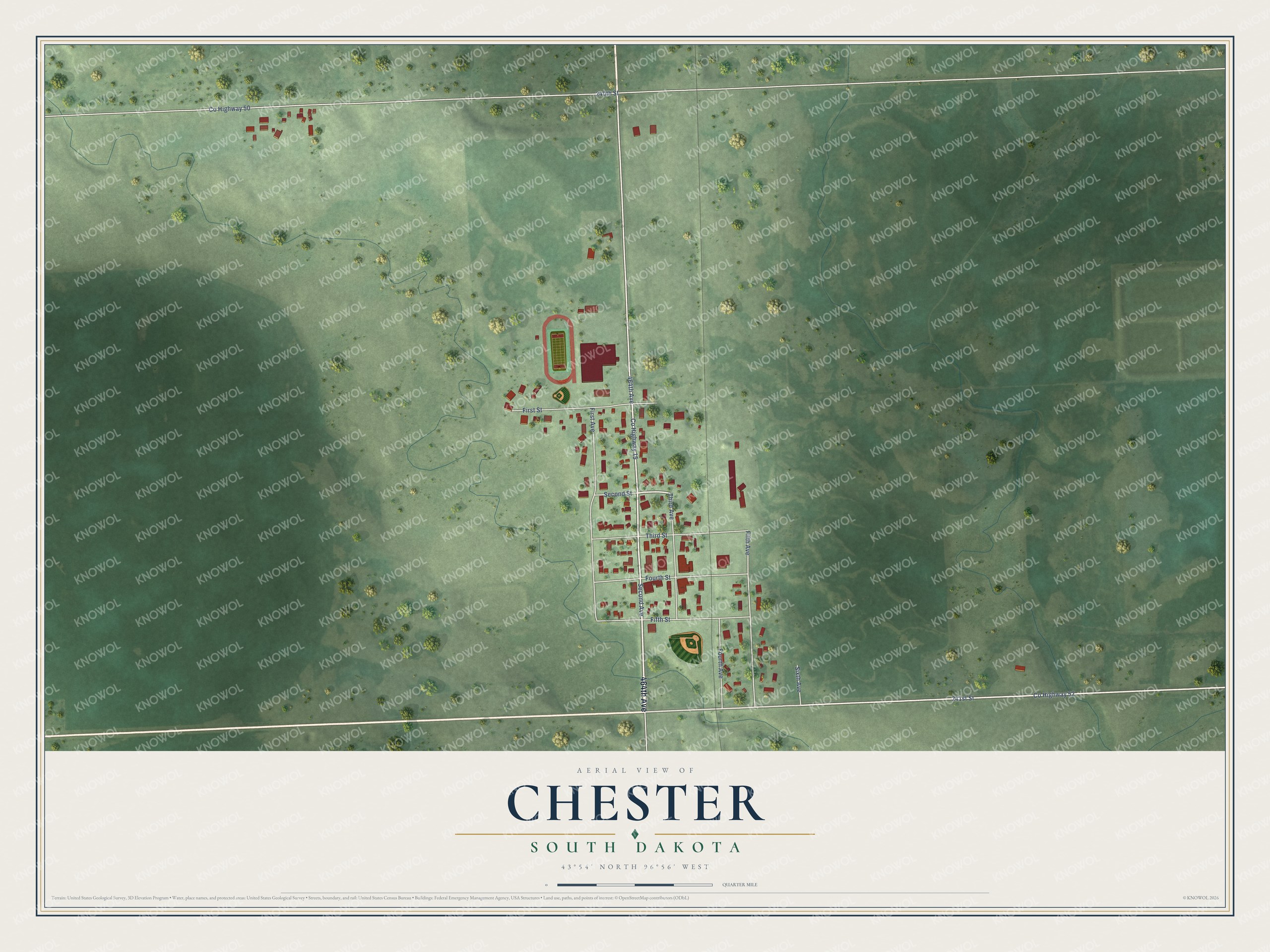 Full map of Chester, South Dakota, with red buildings, printed street names and the land around them